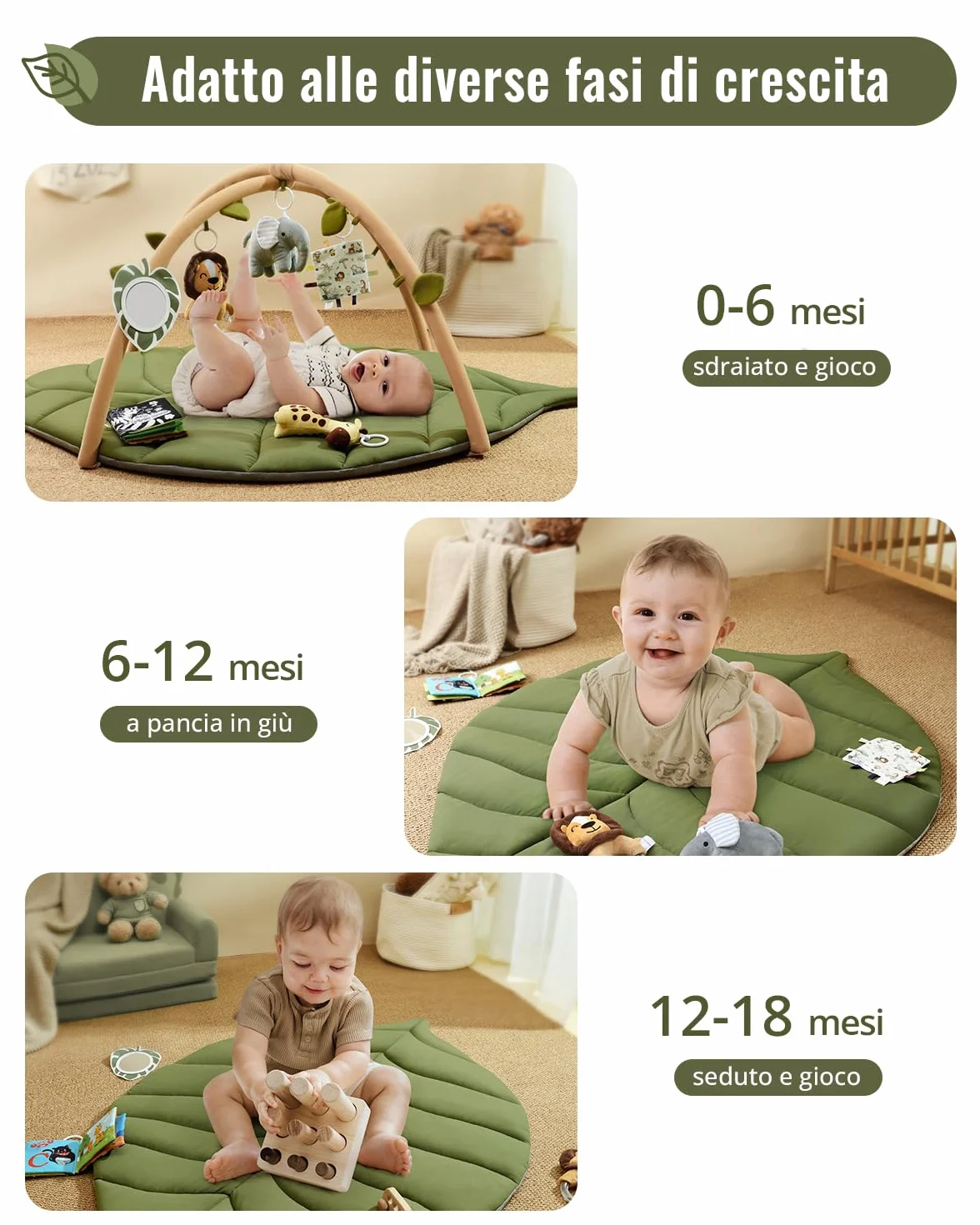 Blissful Diary Palestrina Neonato con Arco Rimovibile a Forma di Foglia con 6 Giochi - Sviluppo Sensoriale e Motorio, Regalo Per Neonati, Verde