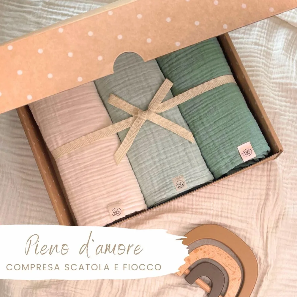 DIKOS Mussole Neonato 100% Cotone Biologico GOTS Set 3 Pezzi 64x64cm Morbida per Bambino