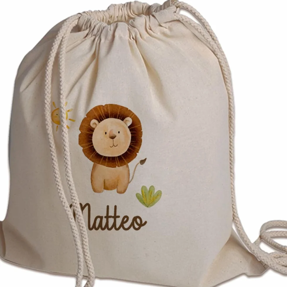 Sacchetto Porta Corredino Bebè Zaino A Sacca In Cotone 130gr Personalizzato con Nome e Animali Foresta Leone Idea Regalo