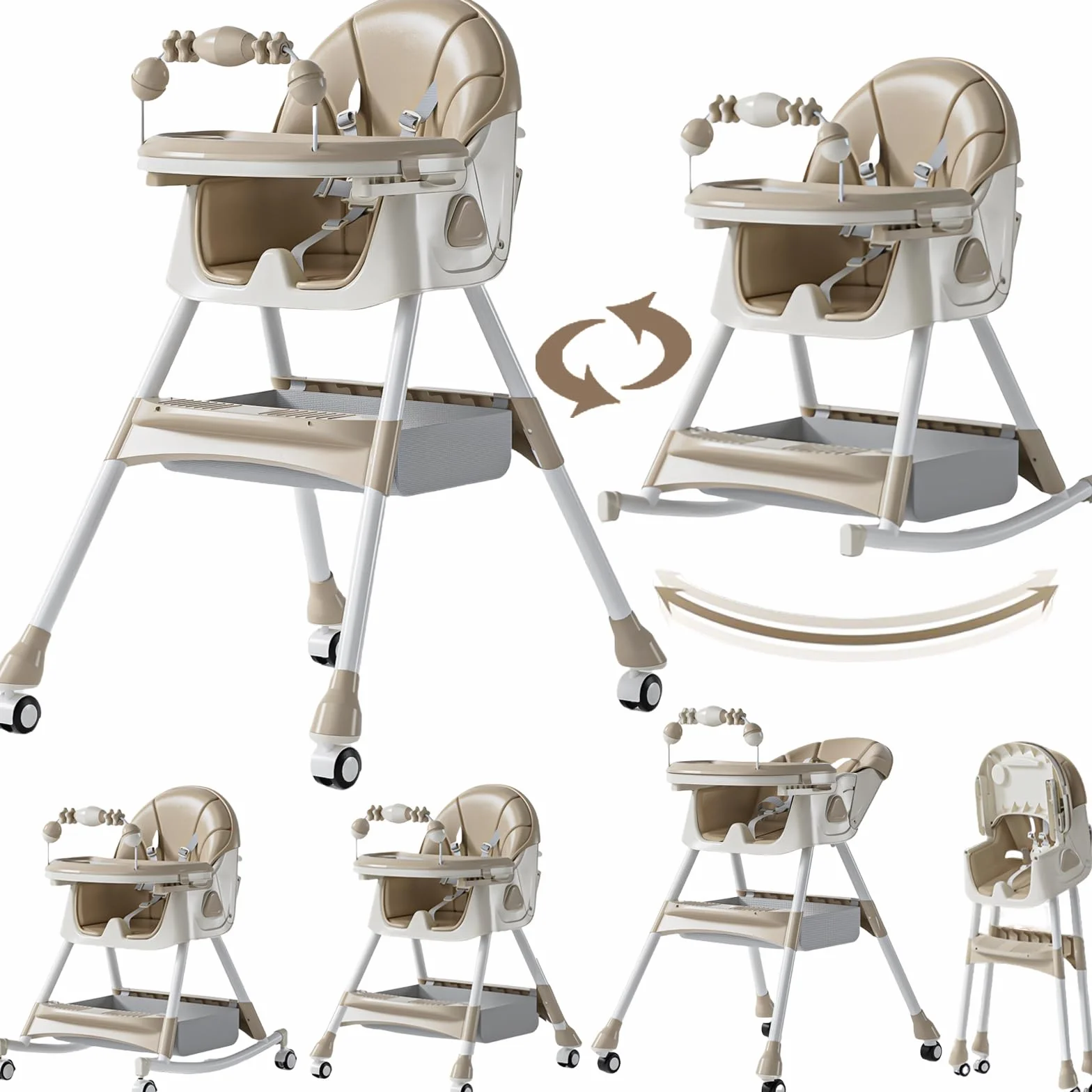 Seggiolone per Bambini Multifunzionale con Oscillazione e Schienale Regolabile 3 Velocità Doppi Vassoi Staccabili Ruote (560 Khaki)