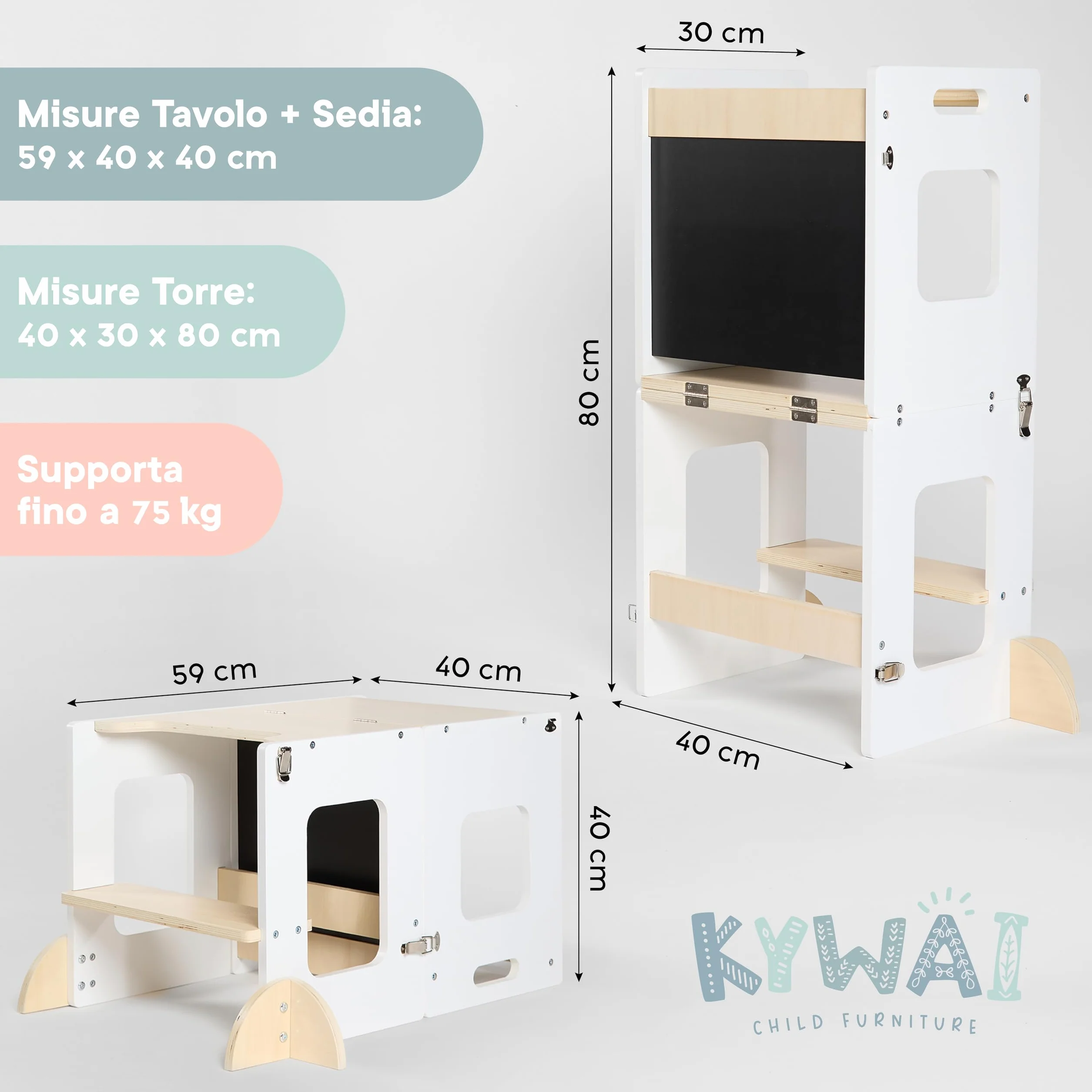 Torre Montessoriana Bambini 3 in 1 con Lavagna e Gambe di Sicurezza Scrivania Pieghevole Legno Sostenibile