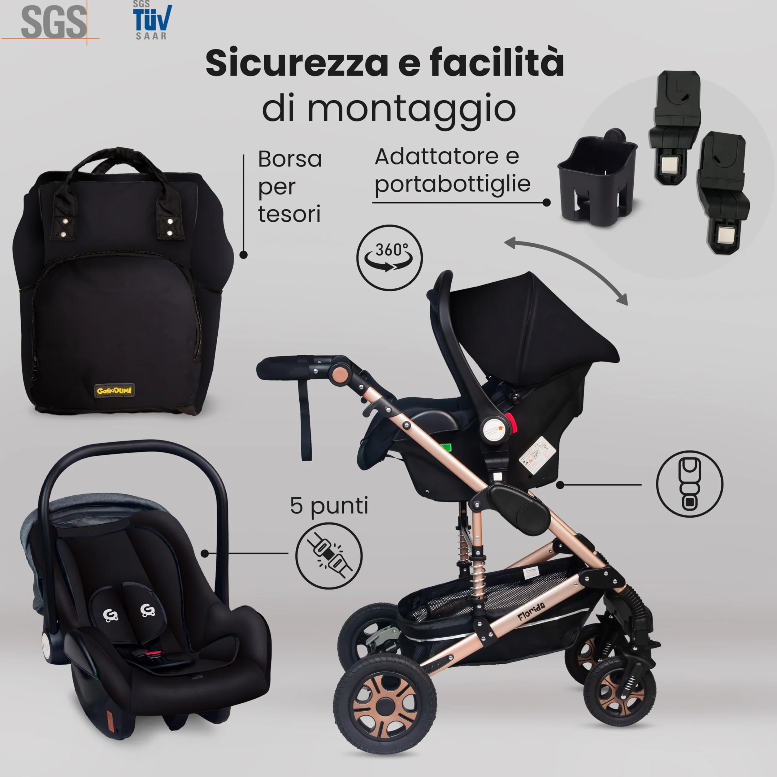 GaGaDumi Florida 3 in 1 Passeggino Trio, Carrozzina, Seggiolino Auto, Pieghevole, 0-36 mesi, Nero/Oro