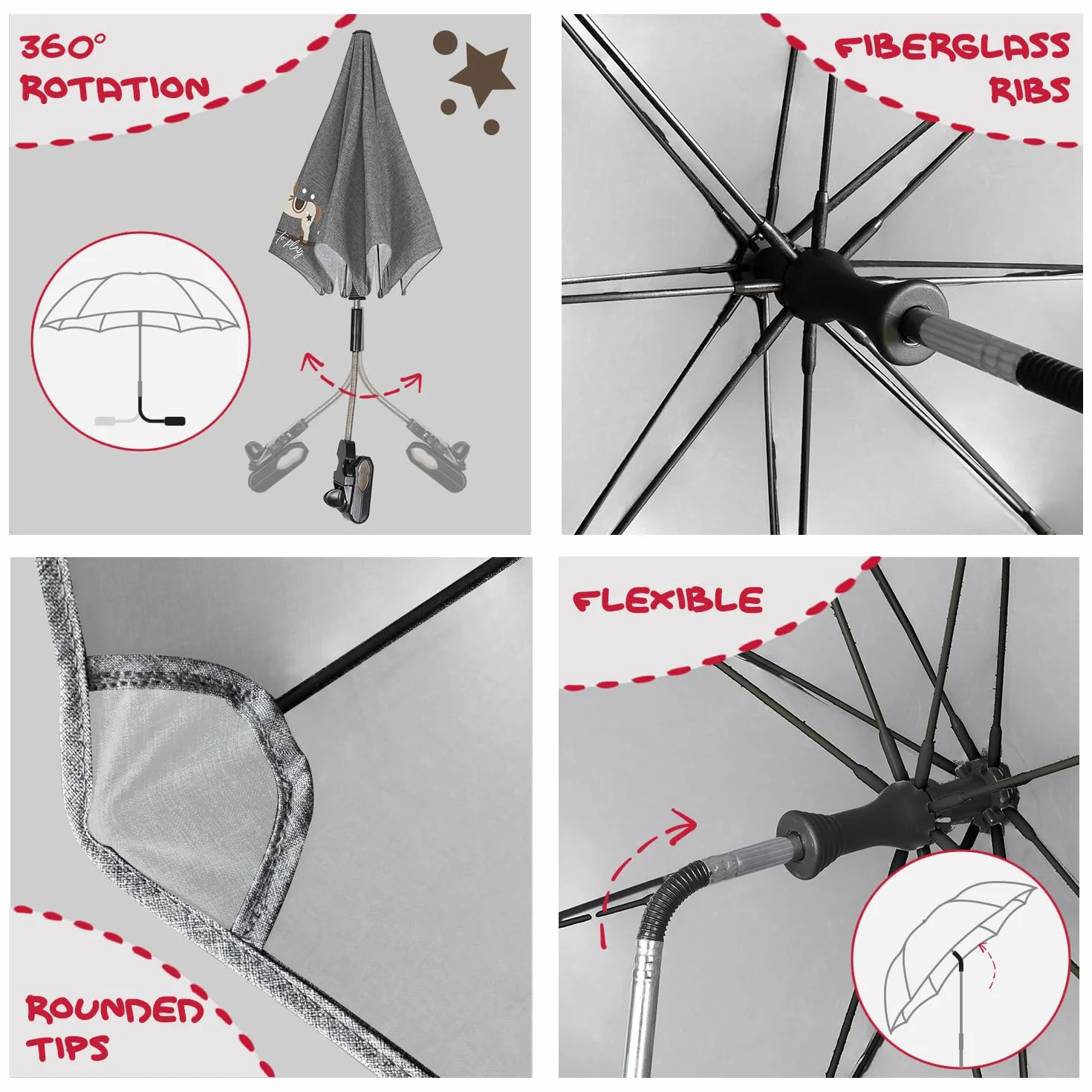 PERLETTI Parasole Passeggino Universale Anti UV 68 cm - Ombrellino da Sole Pioggia per Bambino Neonato Grigio