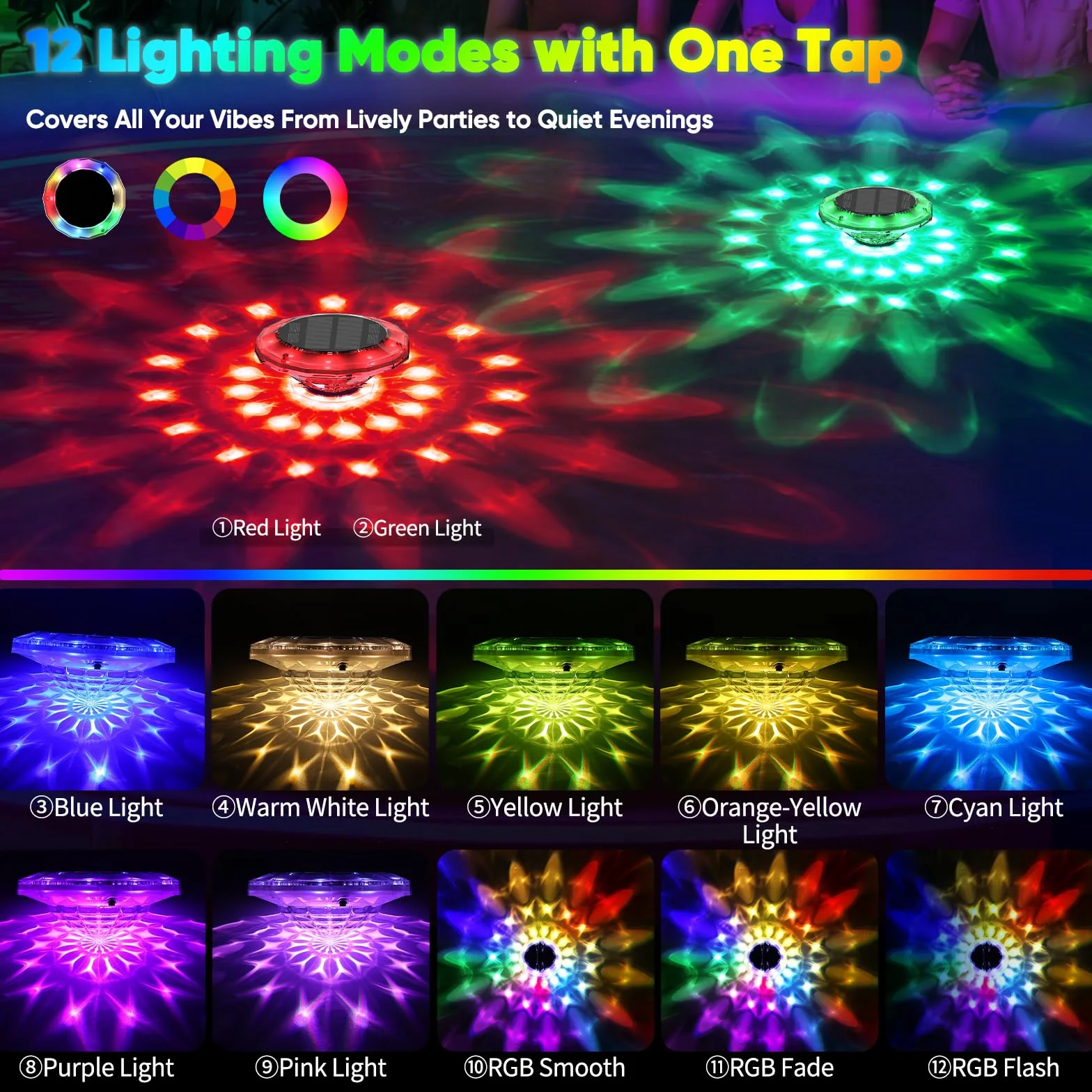 Quntis Luci Piscina Solari Galleggianti IP68 Impermeabili Illuminazione Solare Piscina con Telecomando, Luci per Piscina LED RGBCW Luce per Esterno Laghetto Festa 2 Pezzi