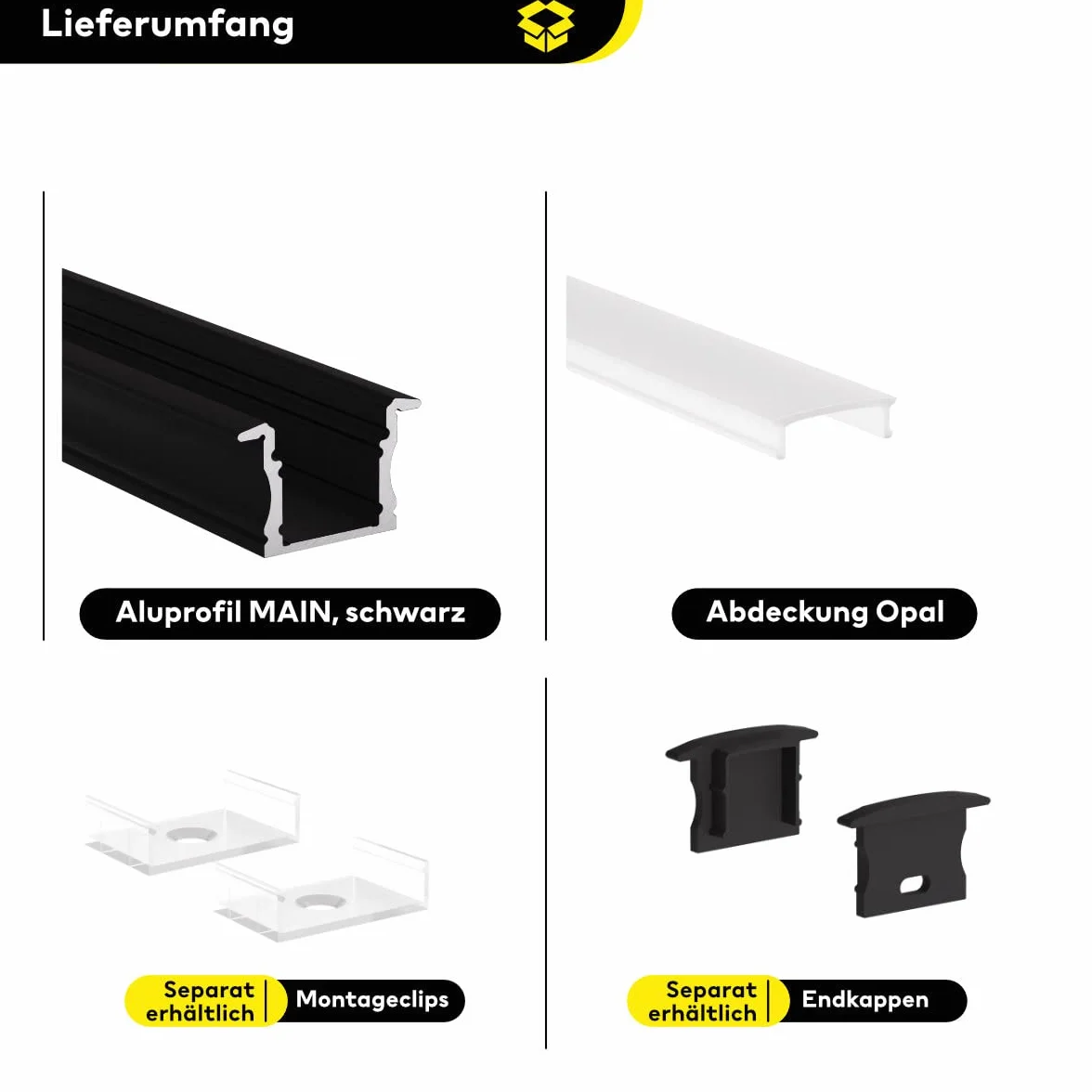 Profilo in alluminio a LED nero, 200 cm, profilo da incasso, copertura opale, per strisce LED da 12 mm, principale