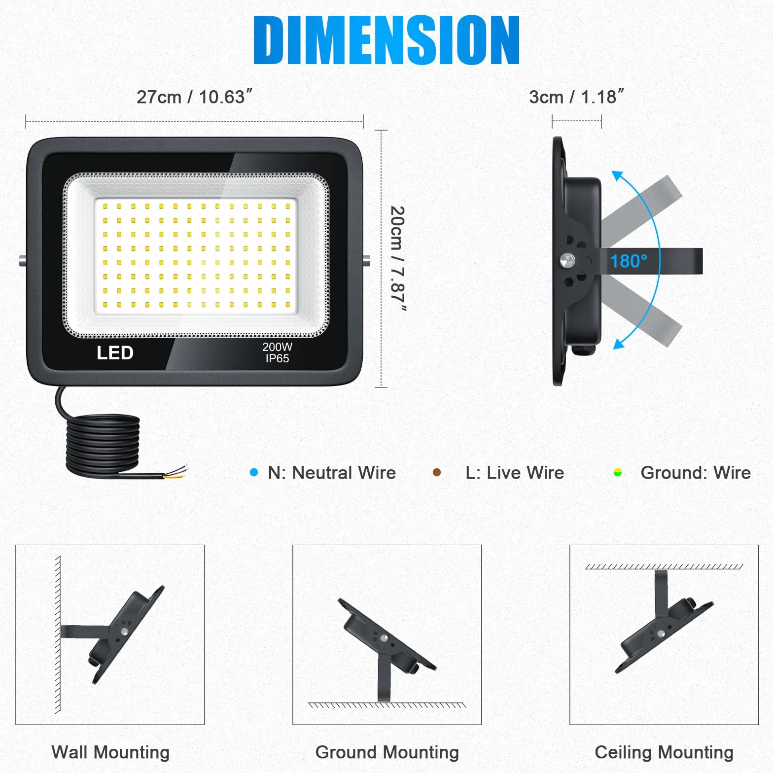 200W Faretto LED da Esterno, 20000LM Faretti LED per Esterni, Super 6500K Luce Bianca Fredda, IP65 Impermeabile Faretto da esterno per Veranda,Cortili,Parcheggio,Garage,Parco,Giardino