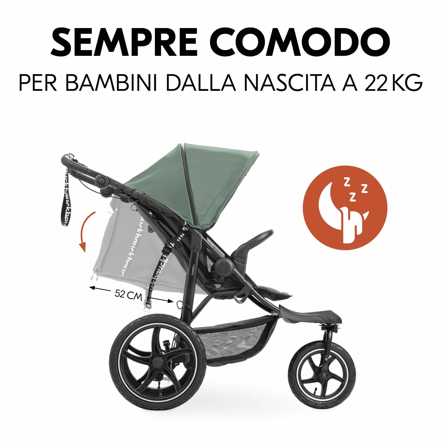 Hauck Runner 3 Verde Giungla Passeggino 3 Ruote d'Aria 22 kg Sospensione Regolabile Freno a Mano Cappottina XL UPF 50+