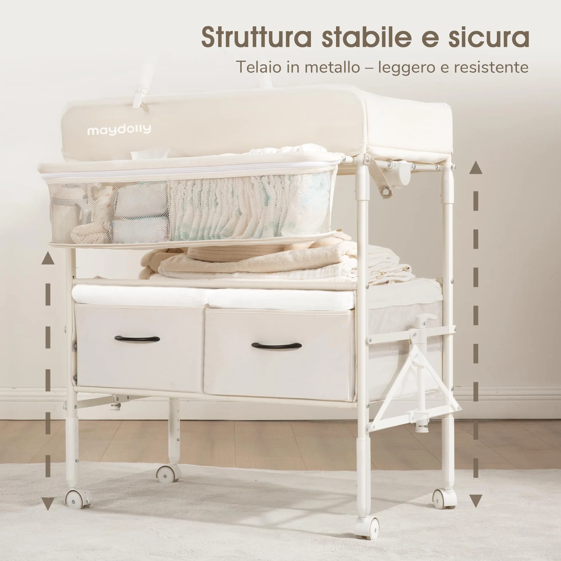Maydolly Fasciatoio Portatile Pieghevole Neonato Altezza Regolabile Ruote Bloccabili 2 Cestelli Materassino Impermeabile Beige