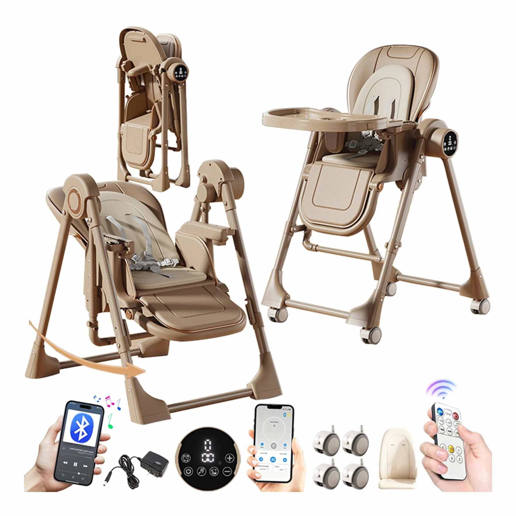 MoLi Seggiolone Elettrico Bluetooth Pelle PU con Funzione di Dondolo Vassoio a Doppio Strato (E8121 Khaki)