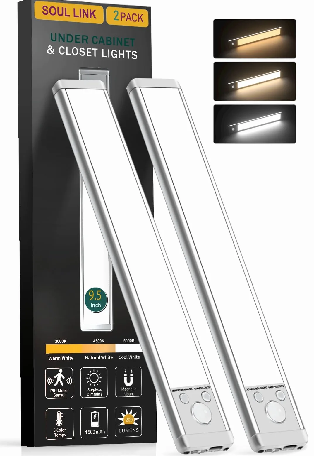 Luci sotto il mobile, 76 luci LED con sensore di movimento interno, 1500 mAh USB ricaricabili luci dell'armadio, confezione da 2 luci magnetiche regolabili per armadio, luci wireless