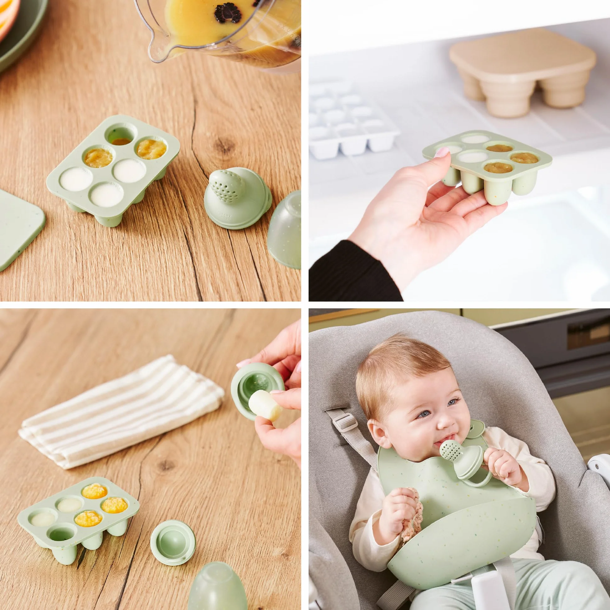 Babymoov Contenitori in silicone per alimenti bambini con succhiotto frutta 2 vaschette congelamento pappe coperchio