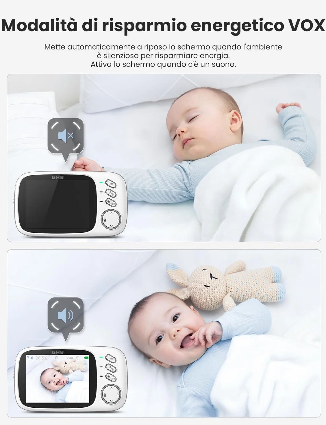 GHB Baby Monitor Video e Audio 3.2'', Telecamera Bambini con Monitor 1000mAh, Visione Notturna, Rilevamento Temperatura, Interfono Bidirezionale, VOX