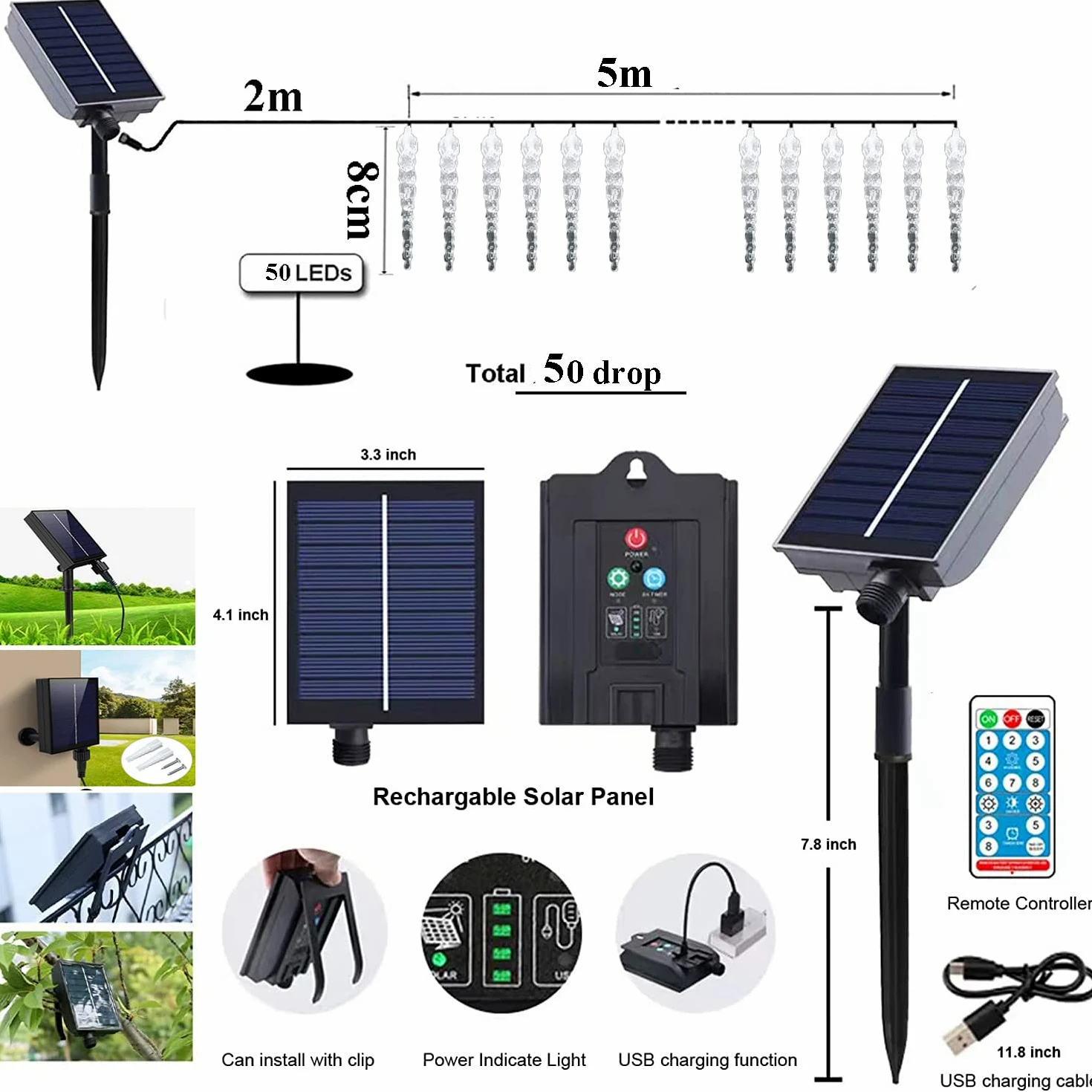 Tenda a LED solare con ghiaccioli per esterni, impermeabile, impermeabile, per interni, colonna di ghiaccio, 8 modalità, illuminazione natalizia con telecomando (50 LED bianco)