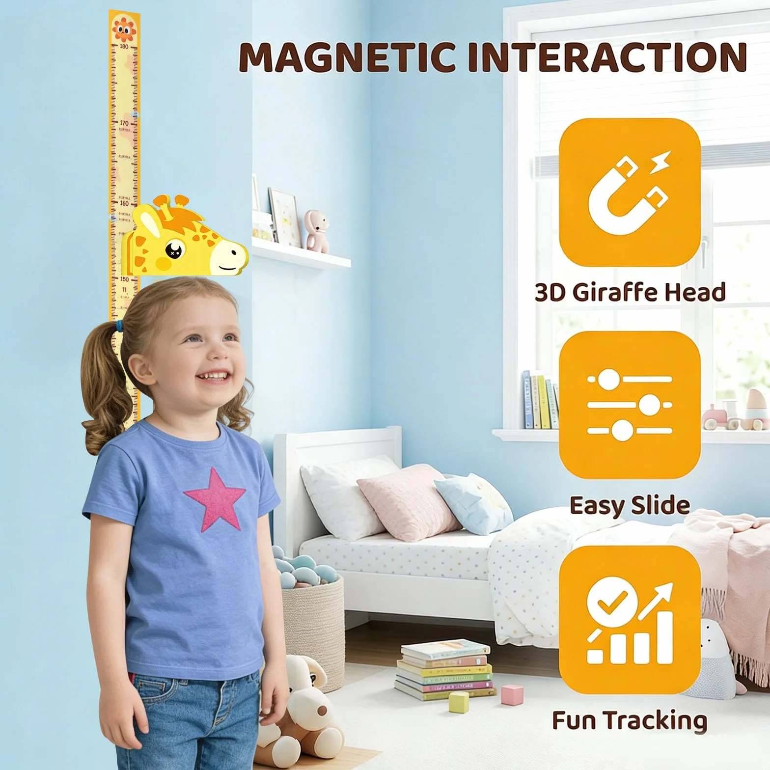 Metro da Parete 3D Giraffa per Bambini, Sticker Parete Magnetico Crescita Rimovibile 65-180 cm