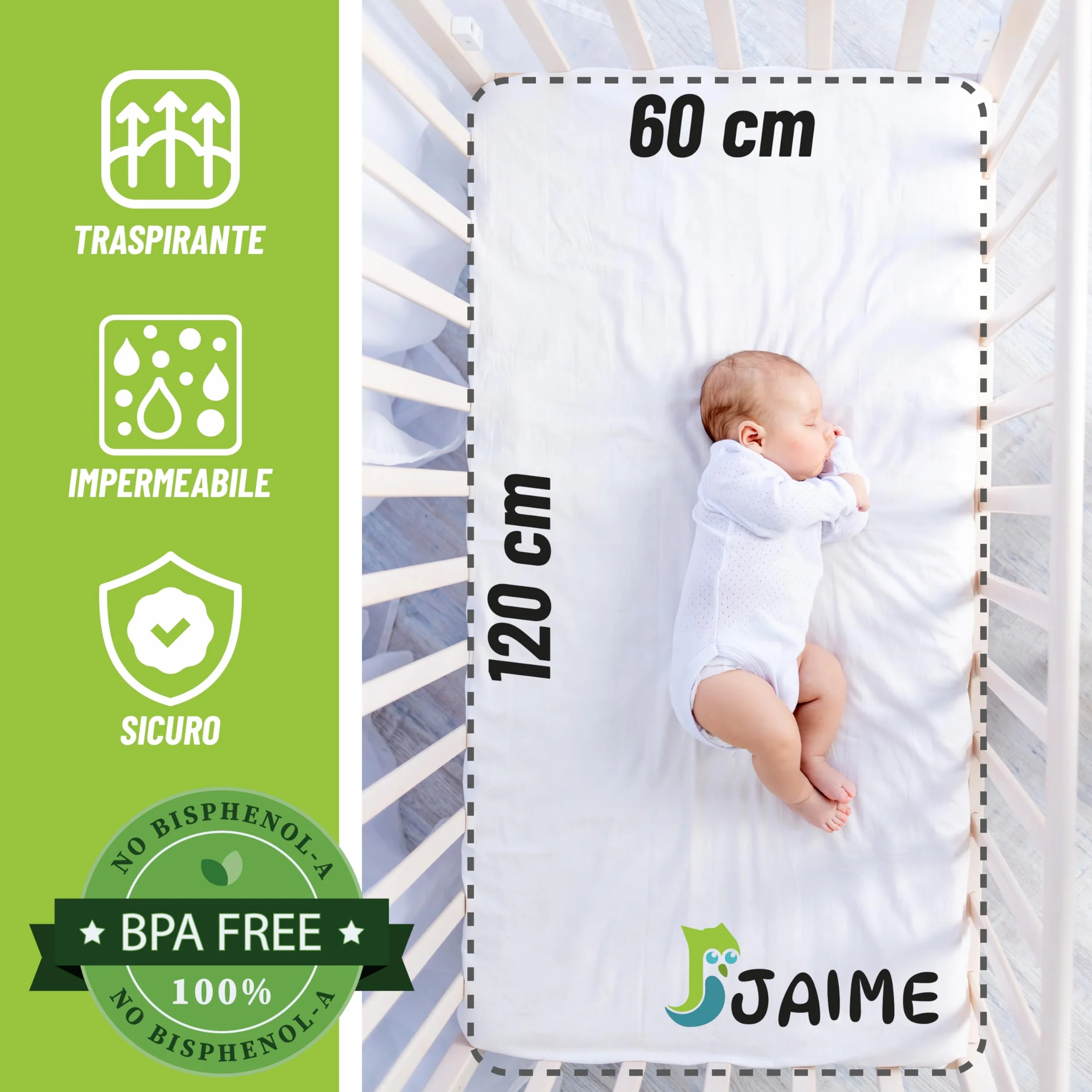 JAIME Coprimaterasso Lettino 60x120 cm, Copri Materasso Culla Neonato Cotone Impermeabile