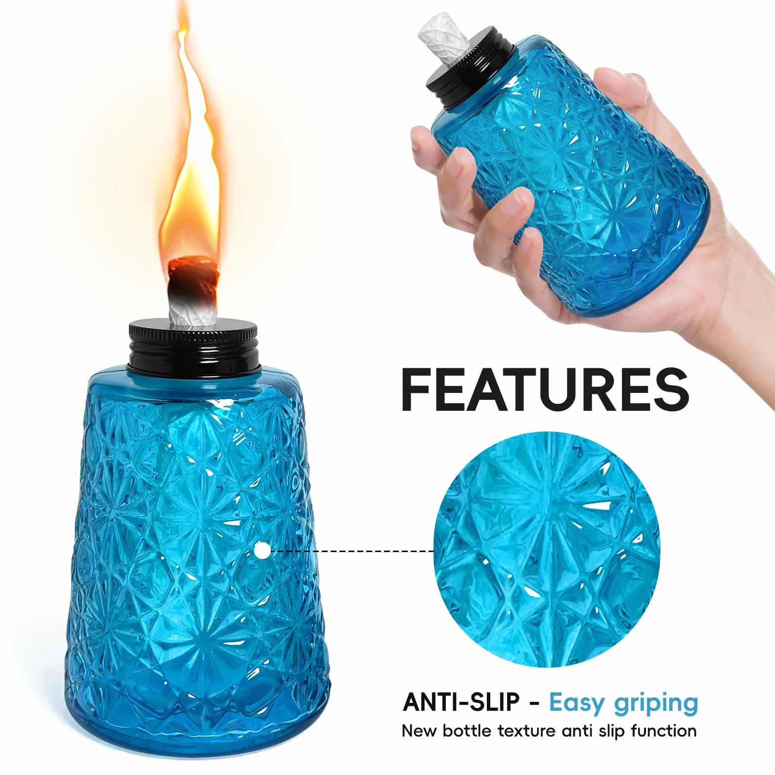 Confezione da 3 lampade a olio in vetro trasparente blu alla citronella, lampade a olio con 3 stoppini, per interni ed esterni, decorazioni per patio