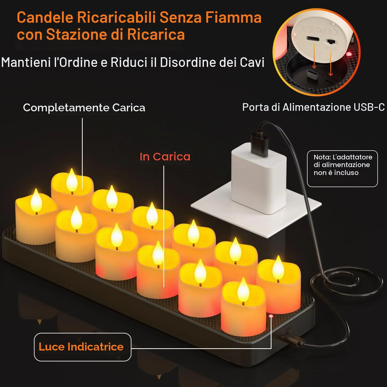 SoulBay Candele ricaricabili, 12 candele a LED senza fiamma, con telecomando e timer, candele elettriche tremolanti con base di ricarica per casa, stanza, tavolo, decorazione di Halloween