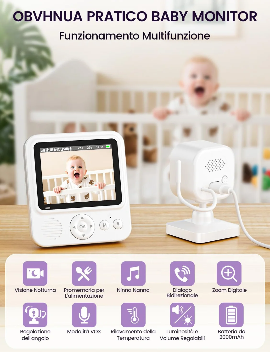 Baby Monitor Video e Audio 2,8" 720P LCD IPS 2000mAh USB-C Zoom Digitale VOX Visione Notturna Comunicazione Bidirezionale Sensore Ninna Nanna