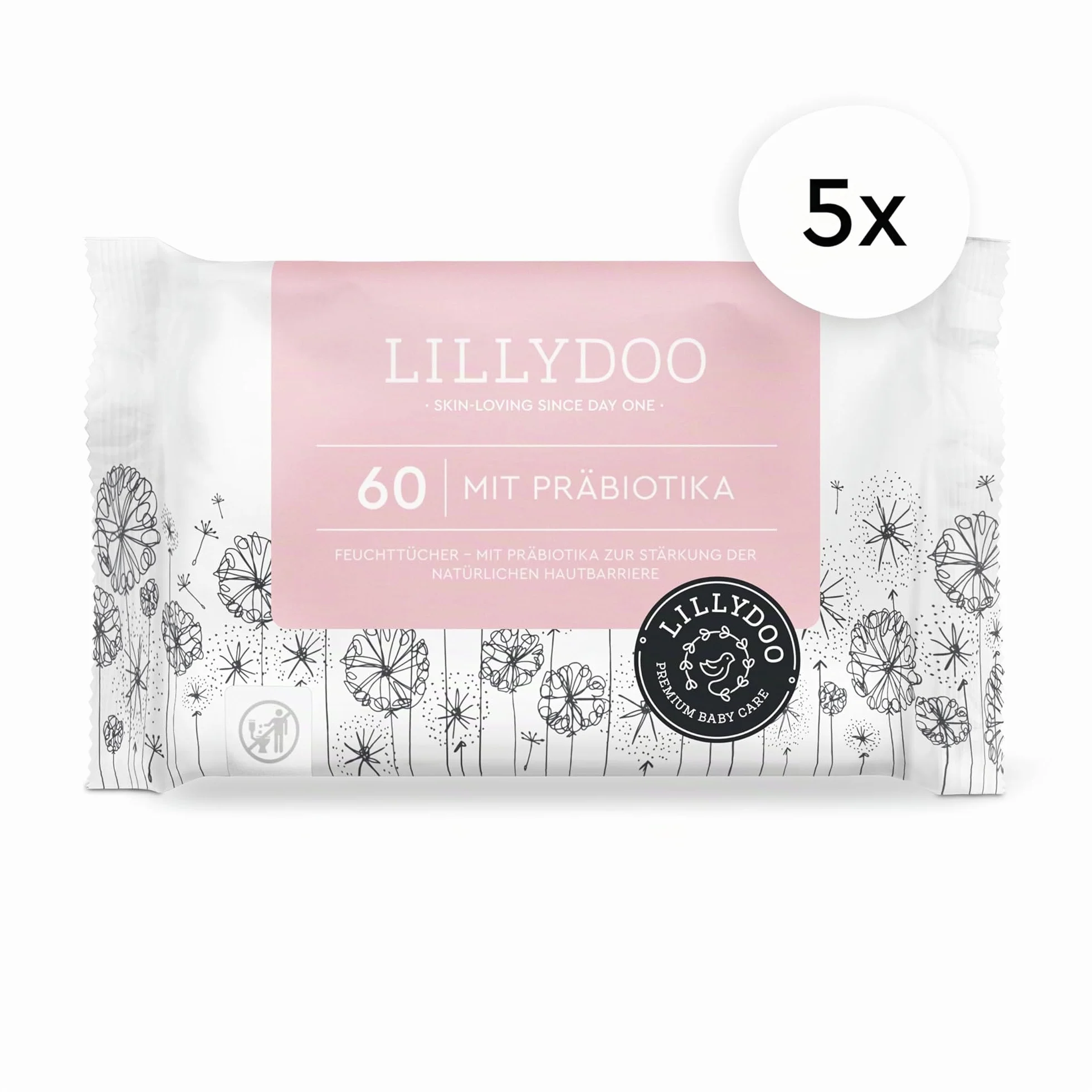 LILLYDOO Salviettine con Prebiotici 300 pezzi (5x60) Extra delicate senza profumi tessuto senza plastica