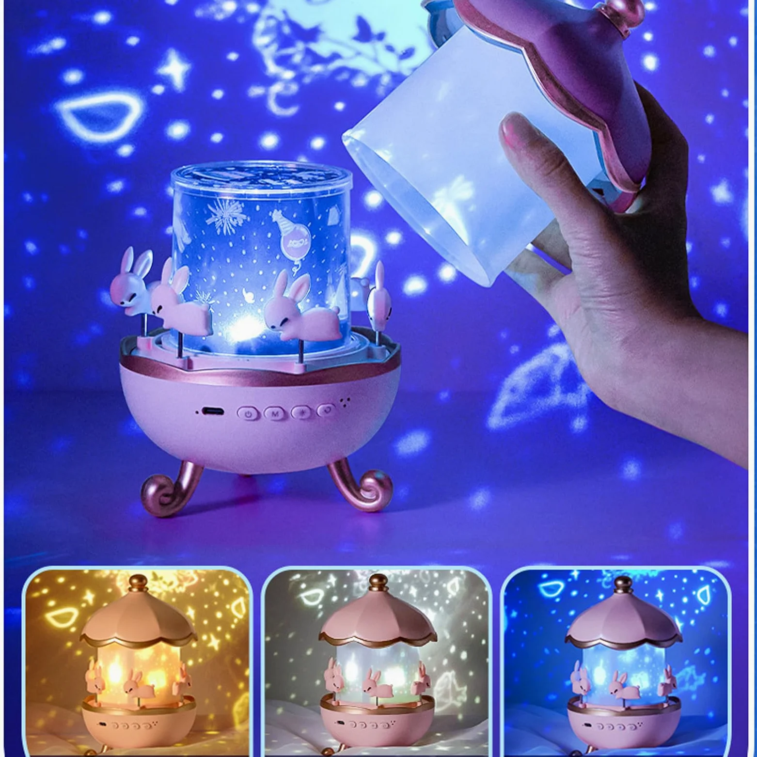 Proiettore stellare carillon portatile con batteria da 1200 mAh 12 effetti visivi coinvolgenti e luce notturna regolabile per la casa U Proiettore luce notturna stella musicale musicale Tema per da