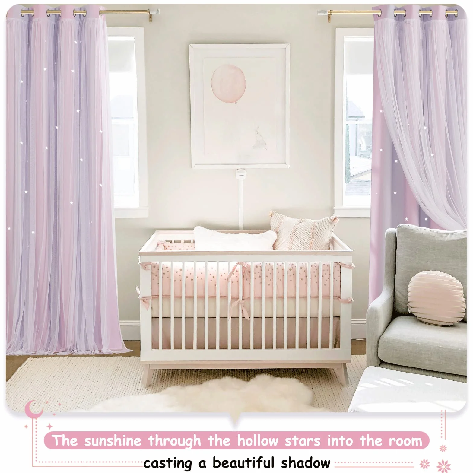 NICETOWN Tende Oscuranti per Camera da Letto Doppio Velo con Stelle Vuote 2 Pezzi 132x280 cm Rosa Viola
