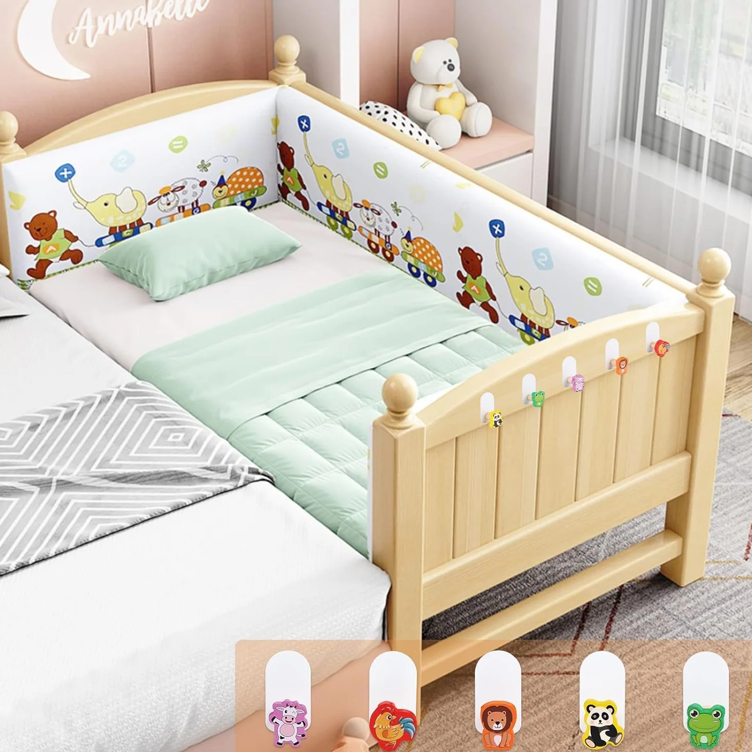 Ganci Appendiabiti per Bambini 5 Pezzi, a Parete, Animali Autoadesivi, Legno, Senza Foratura