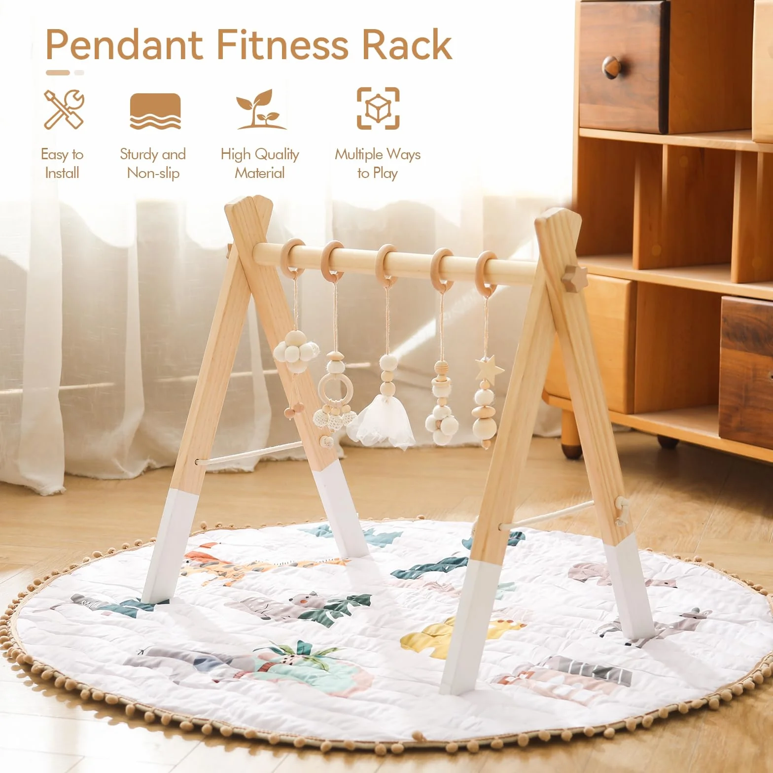 Arco da palestra in legno per bambini con 5 giocattoli sensoriali staccabili cotone bianco