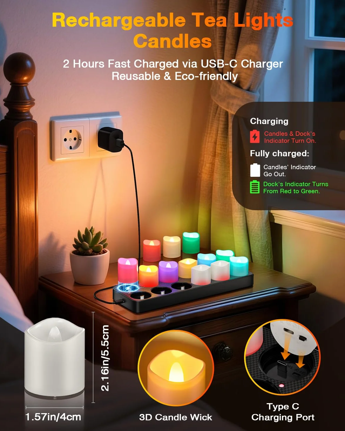 Yme Candele colorate ricaricabili con stazione di ricarica, 12 candele a LED Candele elettriche ricaricabili tremolanti con telecomando e timer per la stanza Halloween Natale Decorazione - RGB