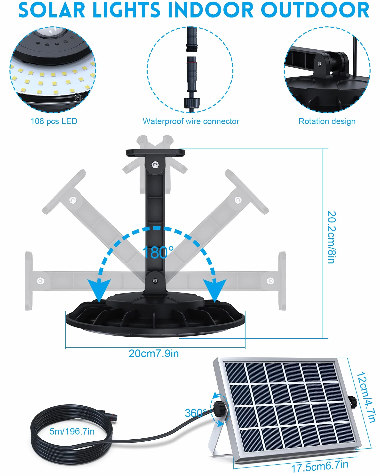 Luci Solari da Interno, Luce Solare da Capannone di Design a Rotazione con 6 Modalità di Illuminazione, Luci Solari a Sospensione 108LED 1500LM IP65 Impermeabili con Telecomando per Garage, Gazebo