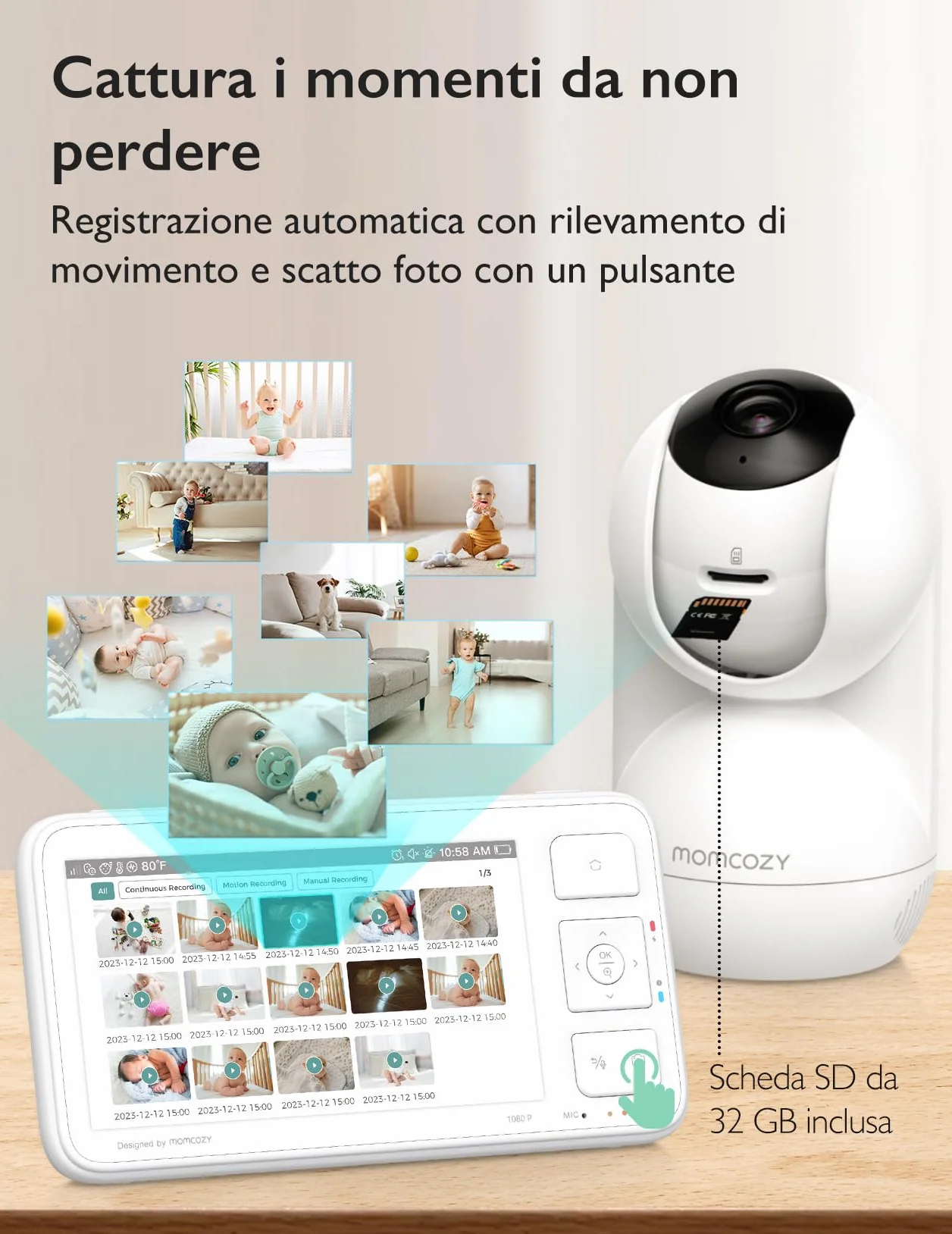 Momcozy BM03 Baby Monitor Video 5.5" Full HD 1080P Senza WiFi, Visione Notturna, Batteria 5800mAh