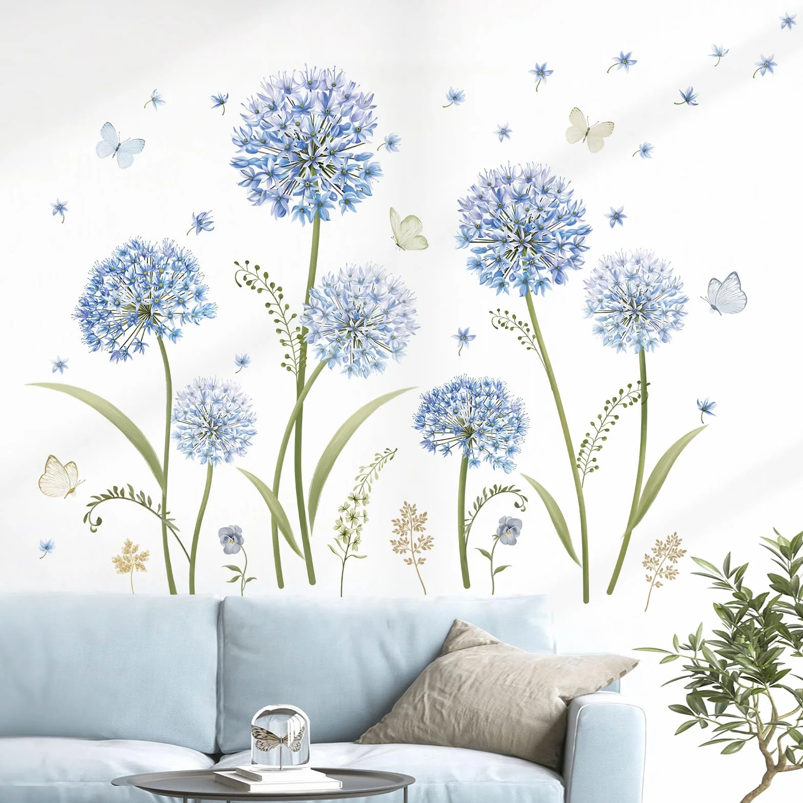 Decalmile Adesivi Murali Fiori Blu Dente di Leone Farfalle Floreali Decorazione Murale Camera da Letto
