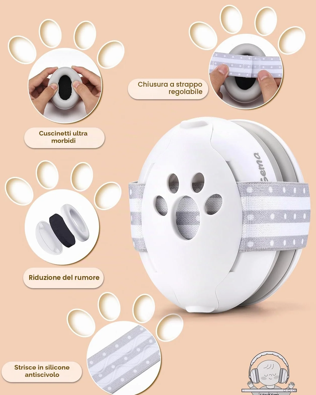 Lilian&Gema Protezione dell'udito per neonati 2-in-1 Cuffie con protezione acustica 25dB Paraorecchie regolazione del nastro
