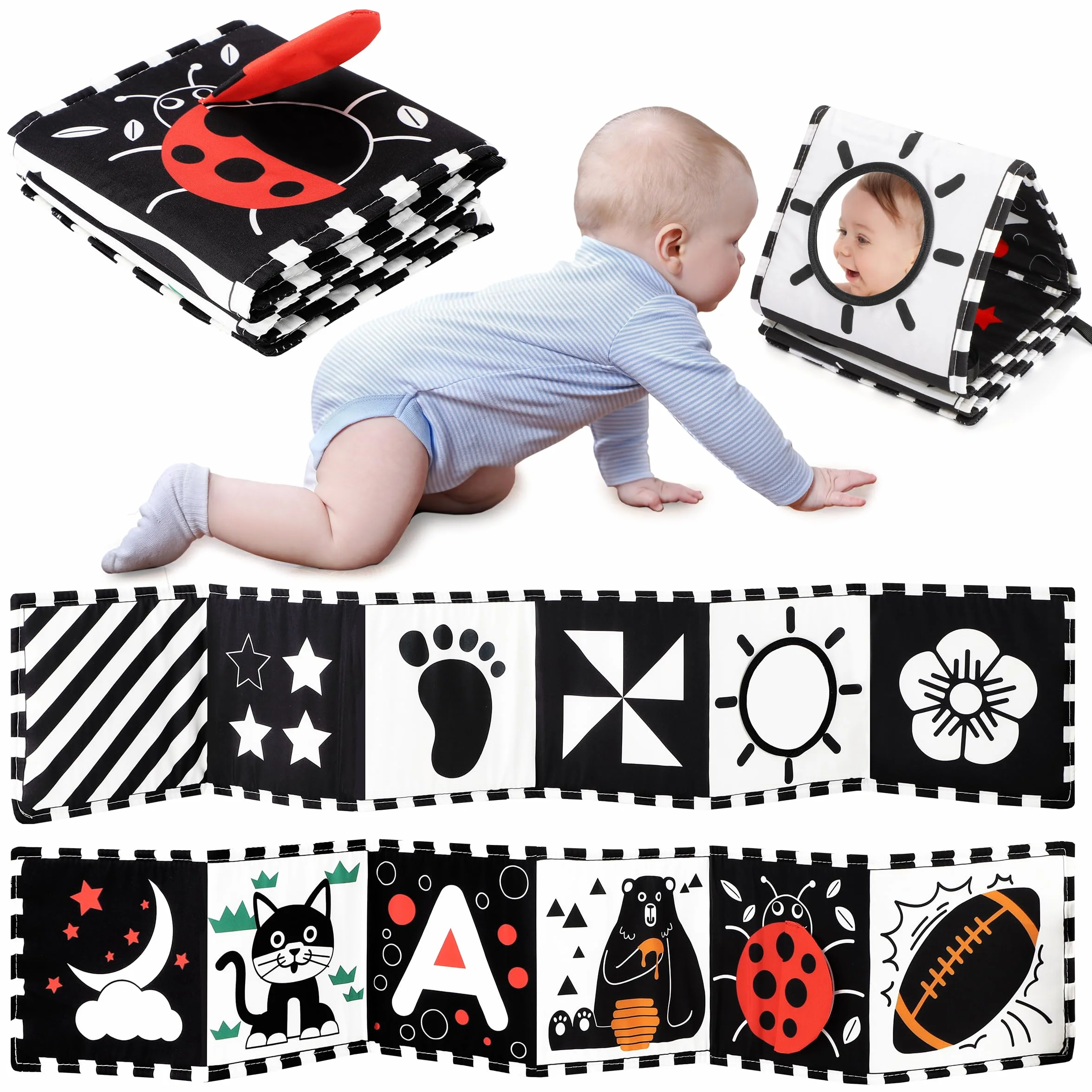 Libri Sensoriali Neonato con Specchio, Libro di Stoffa per Neonati,Giochi 0 3 6 12 Mesi,Tummy Time, Bianco e Nero 11 Motivi,Pieghevole Lavabile