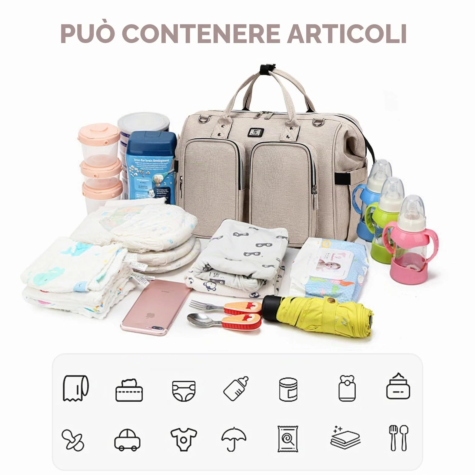 Borsa a Tracolla per Pannolini Grande Capacità Oxford Impermeabile, 2 Ganci per Passeggino, Fasciatoio