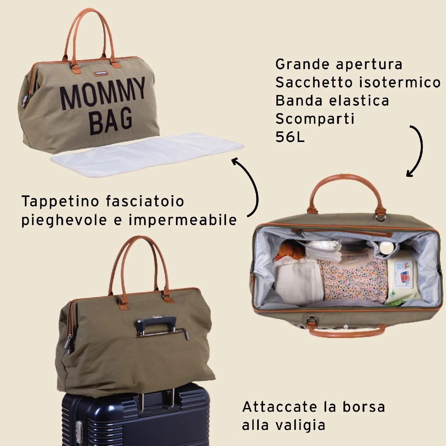 CHILDHOME Borsa per il cambio Maternità Grande capacità Tracolla regolabile Tasca isolata kaki