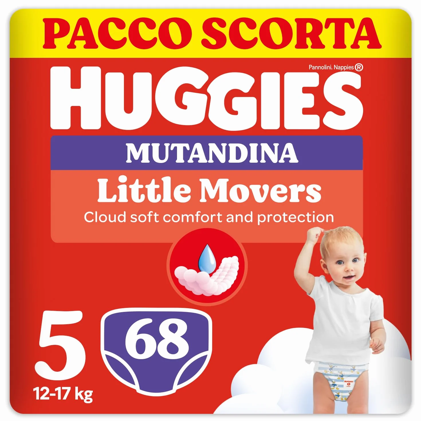 Huggies Little Movers Pannolini Mutandina Taglia 5 (12-17 Kg) Ultra Assorbente, 68 Pz