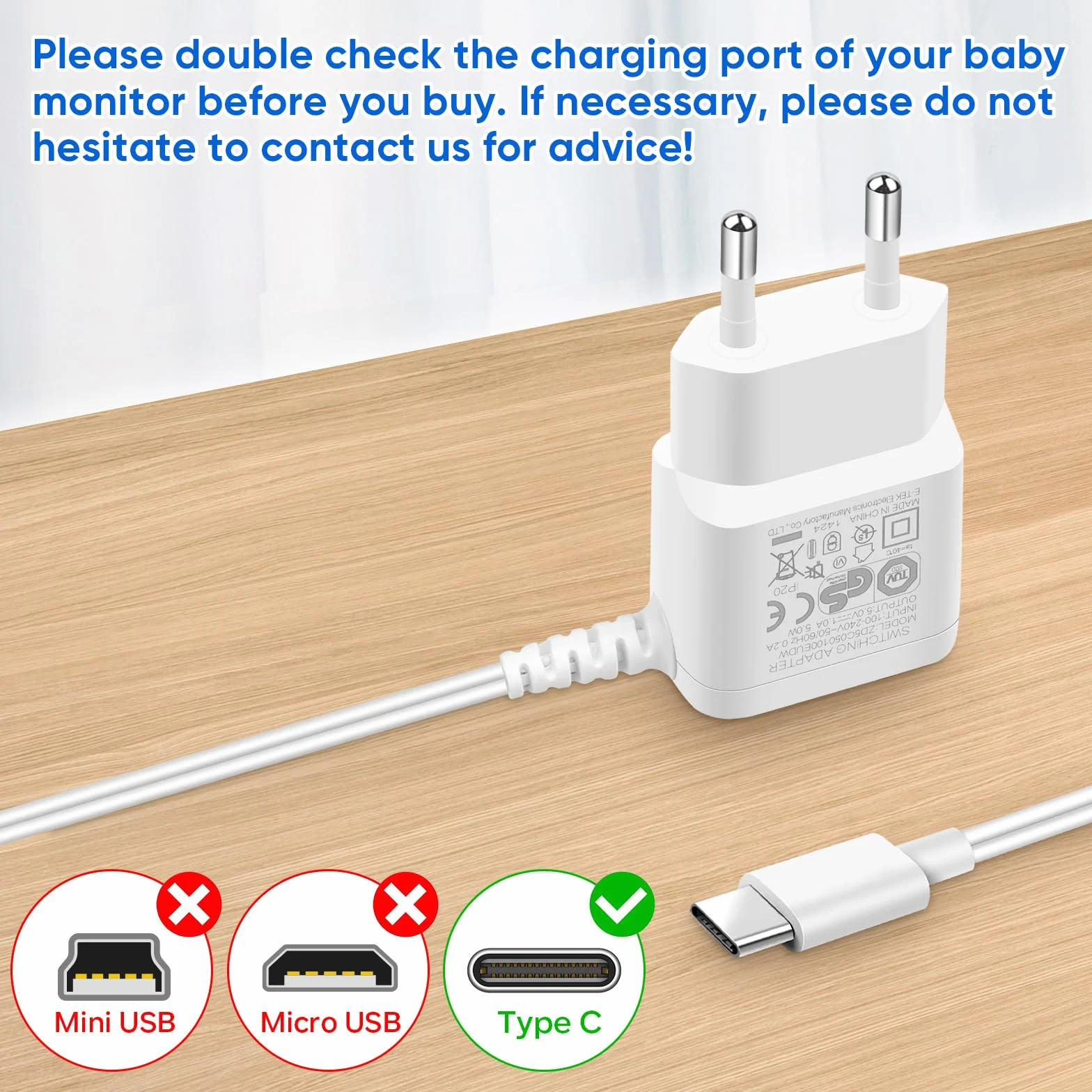 MYPIN 5V 1000mAh Alimentatore Baby Monitor con Cavo 2,5m Caricabatteria