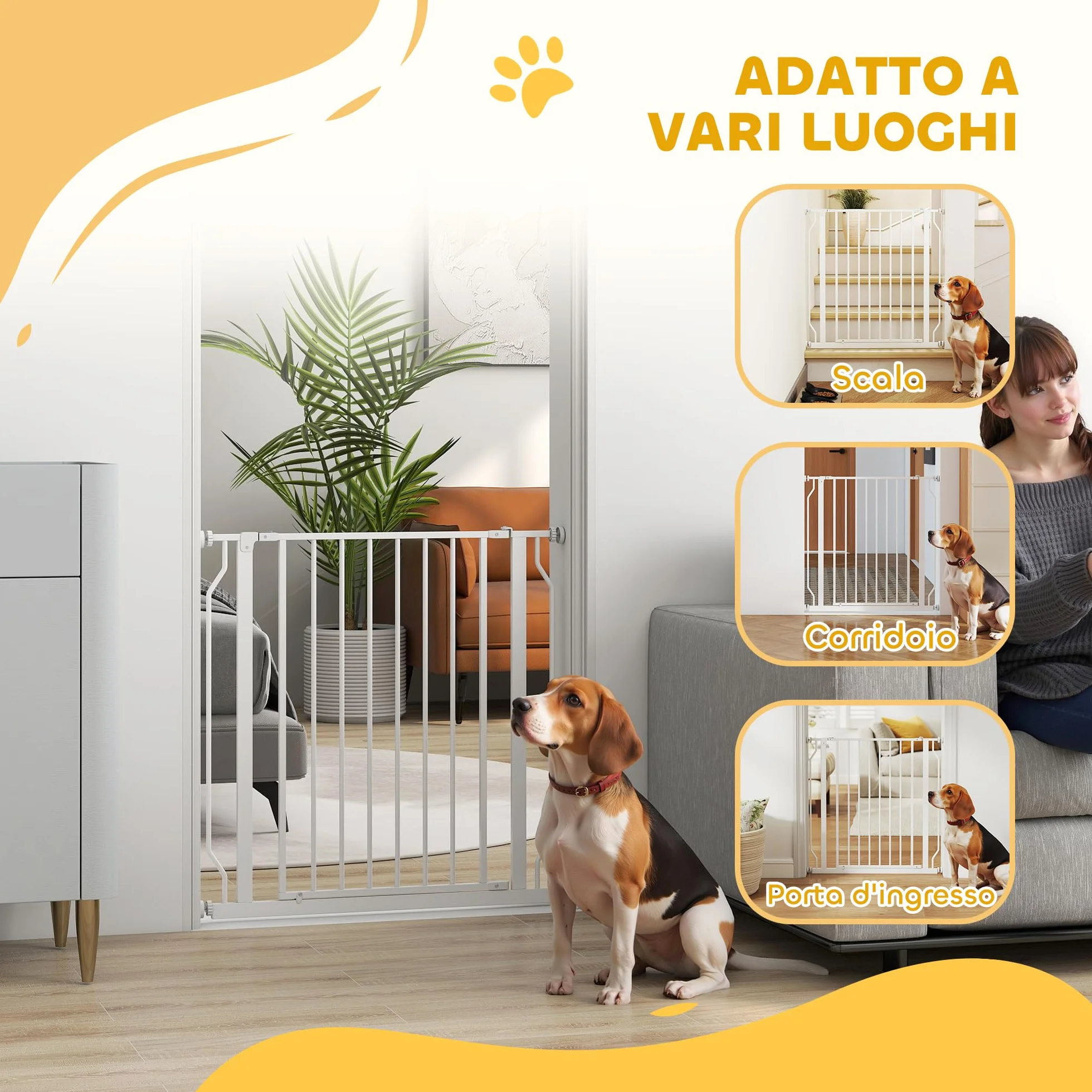 PawHut Cancelletto di Sicurezza per Cani Estensibile 75-85 cm, Cancellino Alto 76 cm, Fissaggio a Pressione, Bianco