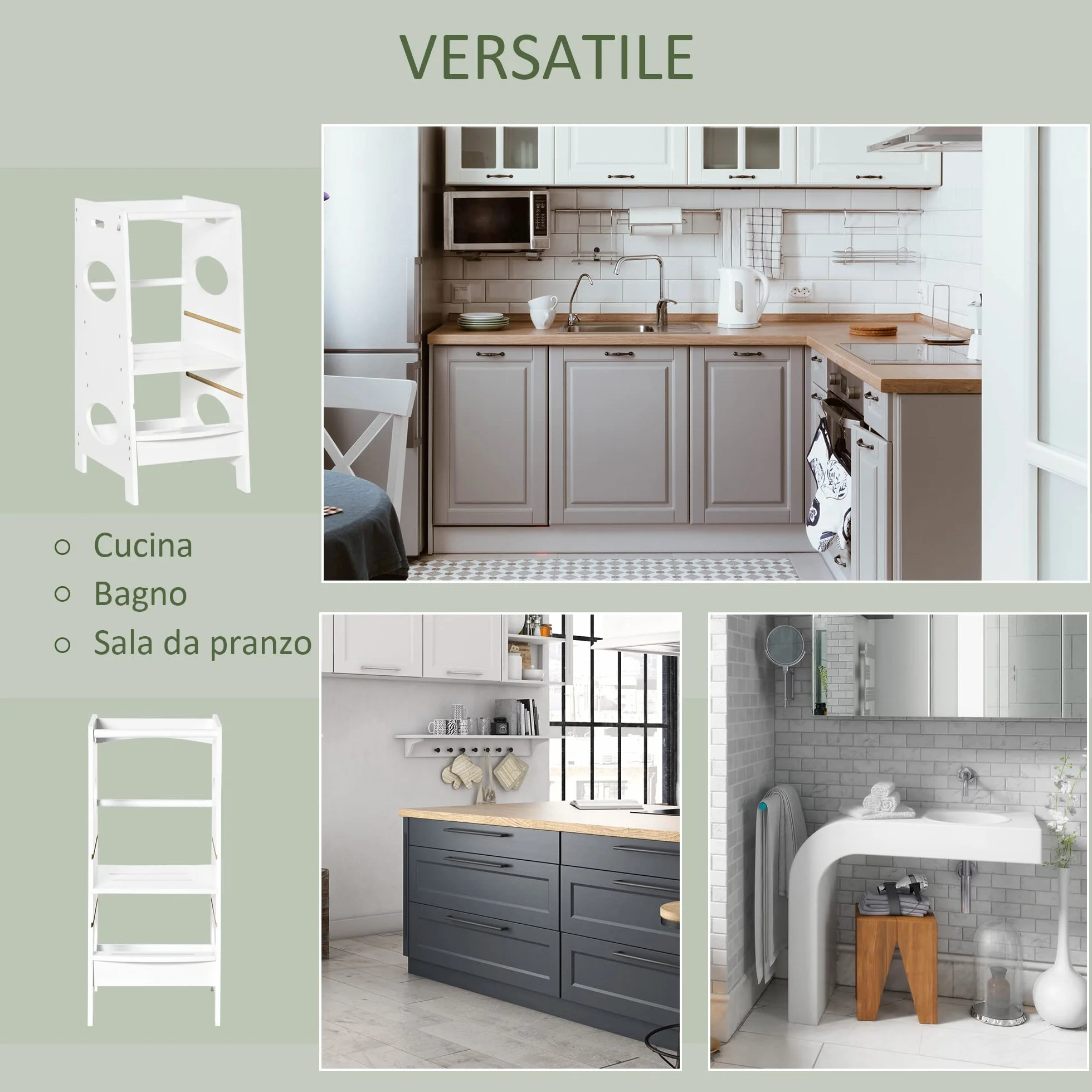 HOMCOM Torre Montessoriana Regolabile 3 Livelli, Torre Apprendimento Bambini Legno Bianco