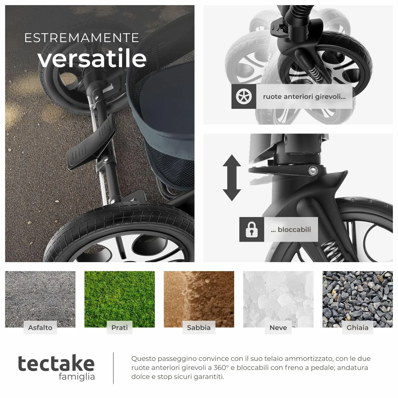 tectake® Passeggino Combinato Pieghevole 2 in 1 Leggero con Cintura a 5 Punti e Freno a Pedale Antracite