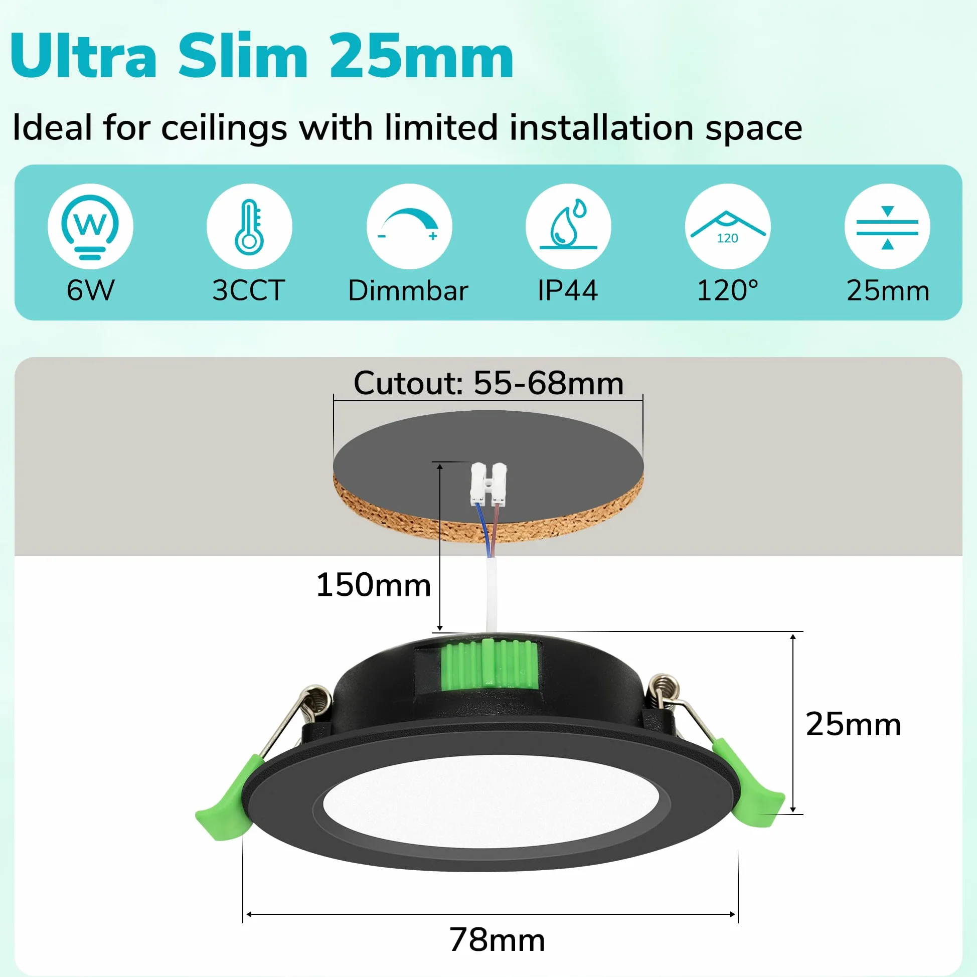 Confezione da 6 Faretti LED da Incasso Extra Slim 25 mm, 6W Dimmerabili 0-100% con Dimmer Esterno, 2700K/4000K/6000K Regolabili, IP44 per Bagno, CRI 90, Foro Ø55-68 mm, 230V, Nero