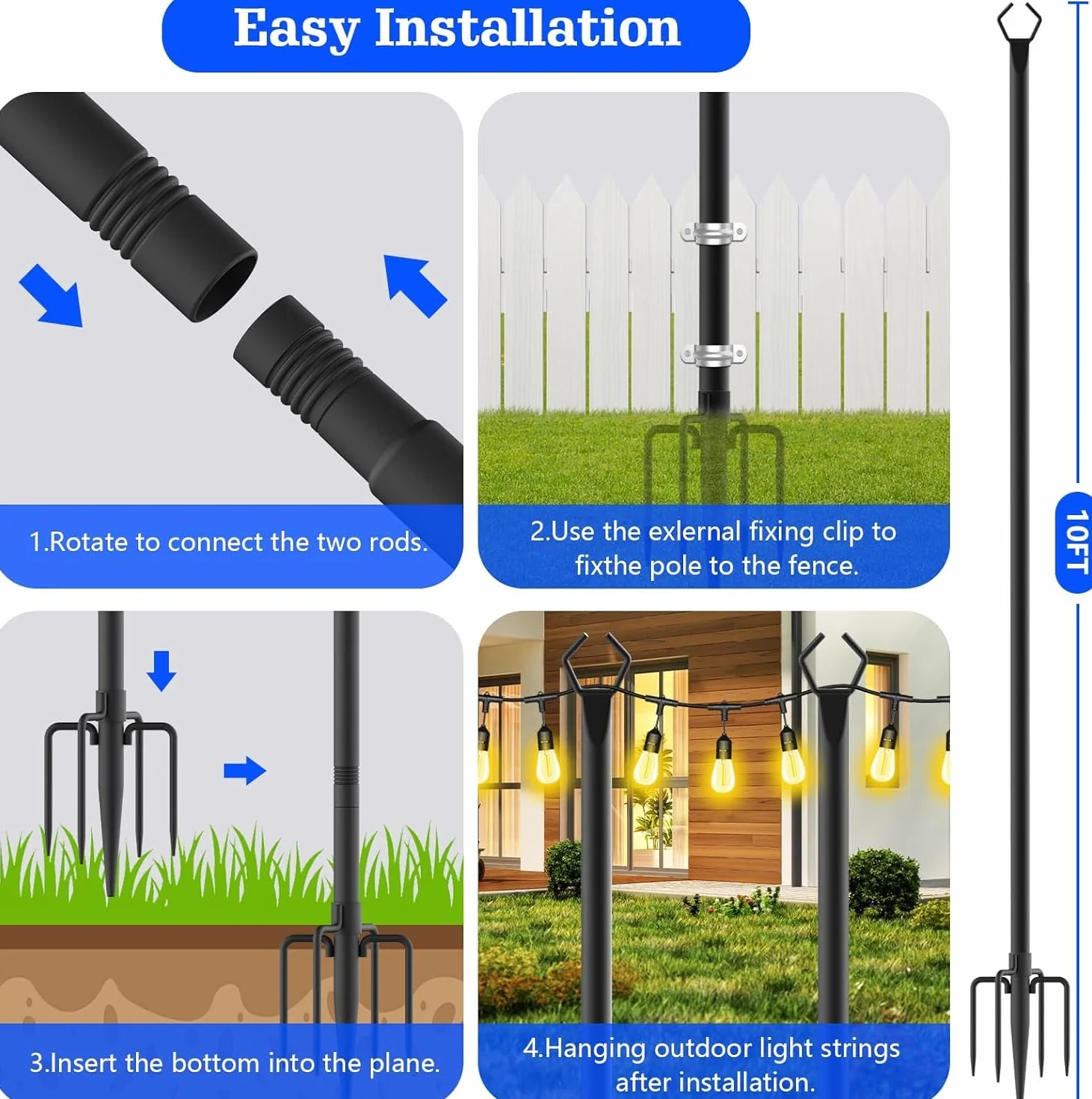 Set di 4 pali luminosi in metallo esterno da 2,9 m con forchetta palo