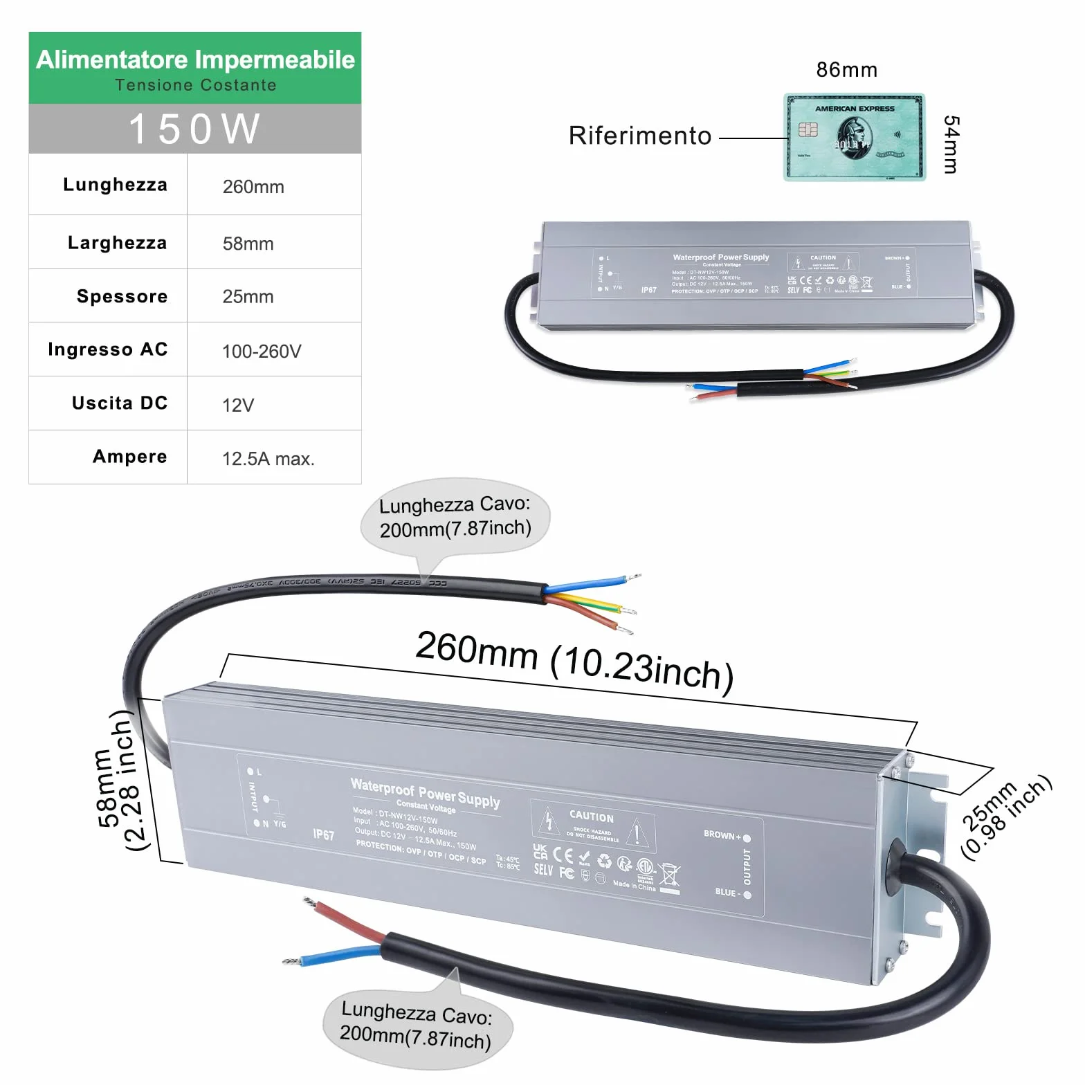 REYLAX Trasformatore LED 12V 150W Alimentatore 12.5A Impermeabile IP67 Driver LED AC 100-260V a DC 12V Trasformatori da Esterno Adattatore Led a Tensione Costante Power Supply Bassa Tensione