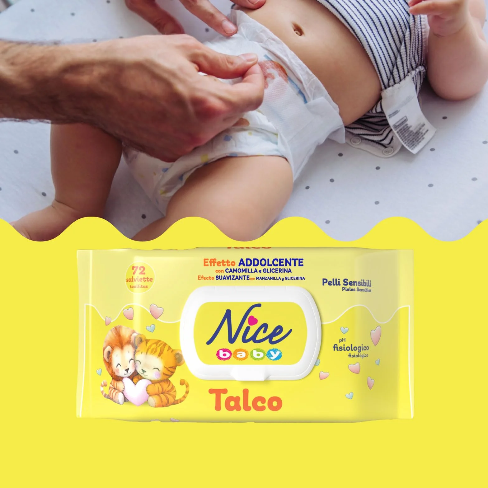 Nice Baby Talco Salviette per Cambio Pannolino con Camomilla e Glicerina, 72 Salviette