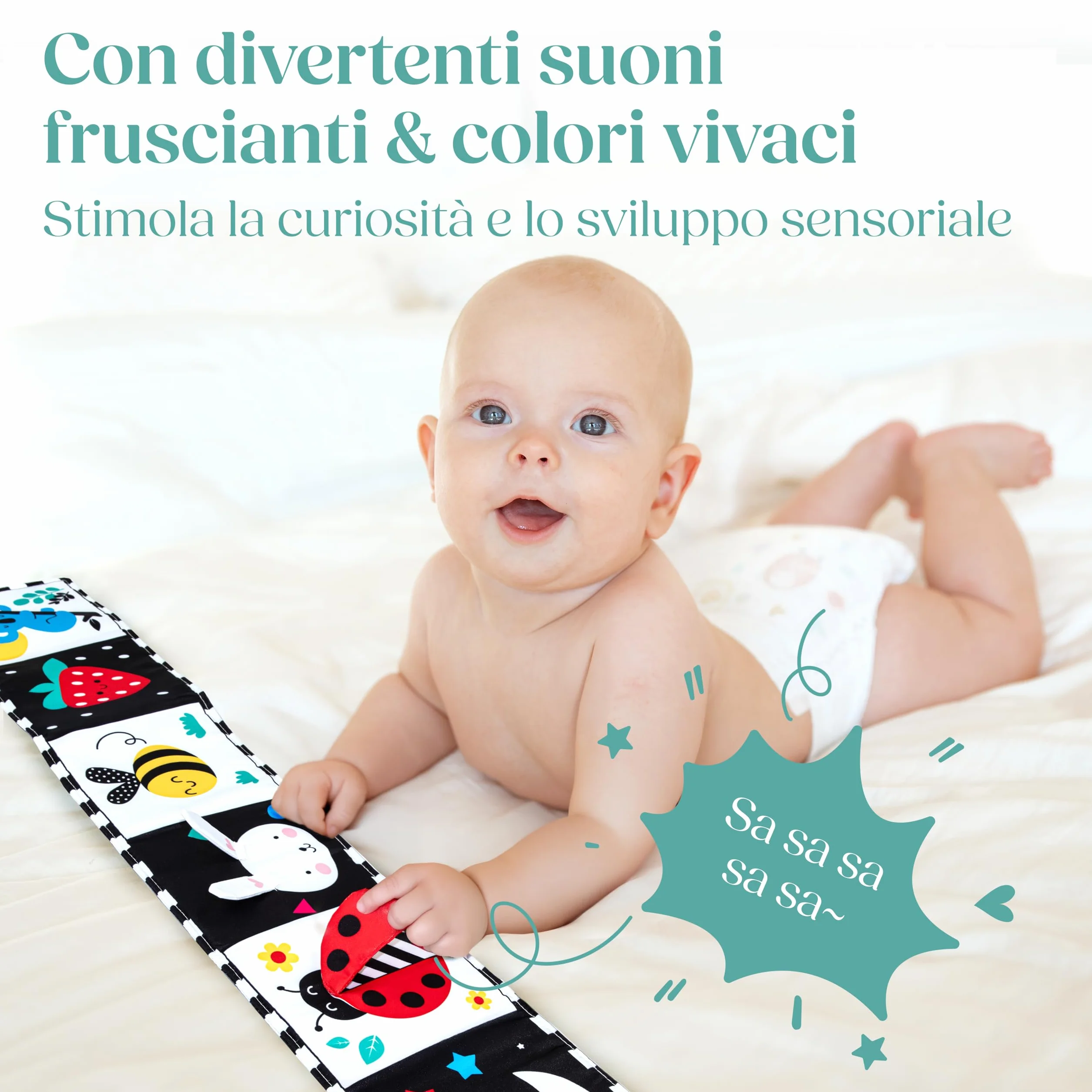 Libro Sensoriale Neonati con Specchio Teddy - Libro Bianco e Nero Stoffa Montessori, Ultra Morbido Lavabile per Sviluppo Visivo 0-12 Mesi