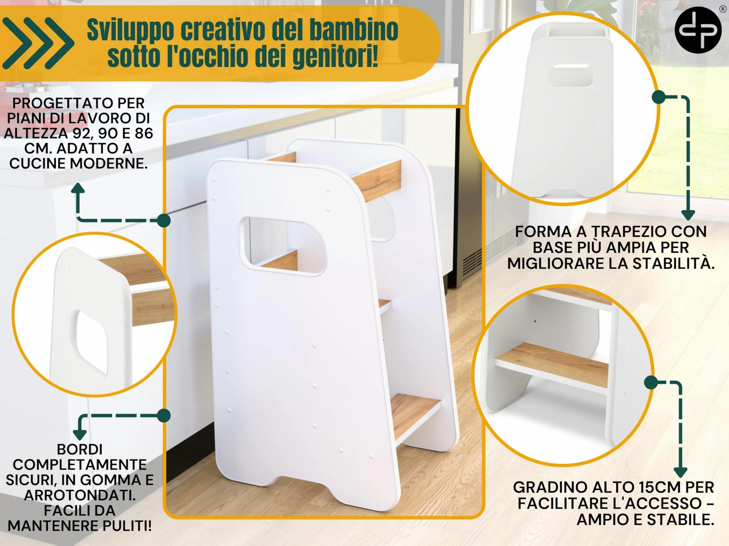 Torre Montessoriana bambini 1 anno Altezza regolabile 3 livelli Sgabello cucina Learning tower Bianco & Rovere