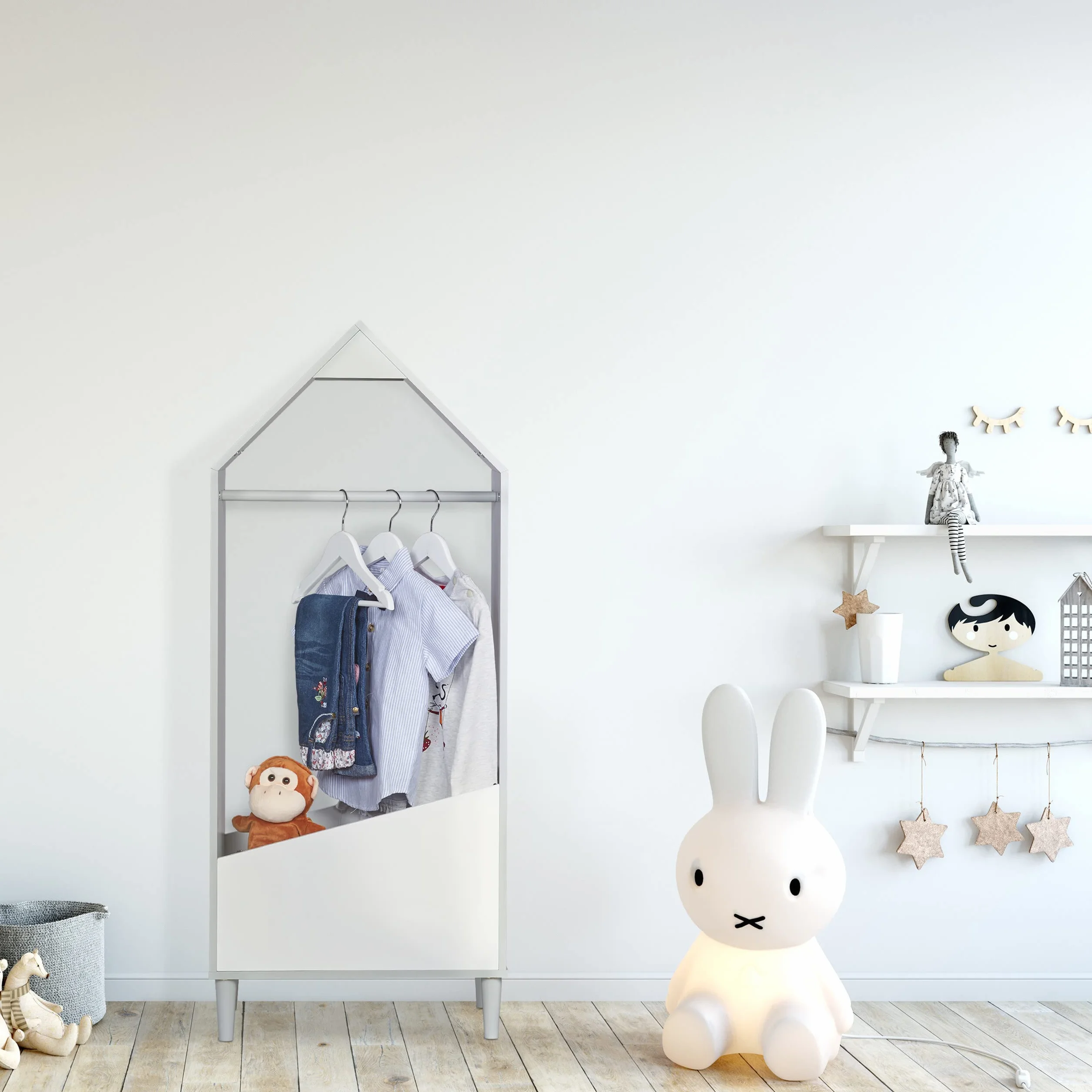 Relaxdays Appendiabiti per Bambini con Asta Attaccappanni e Ripiano 117x48x30 cm Grigio Bianco