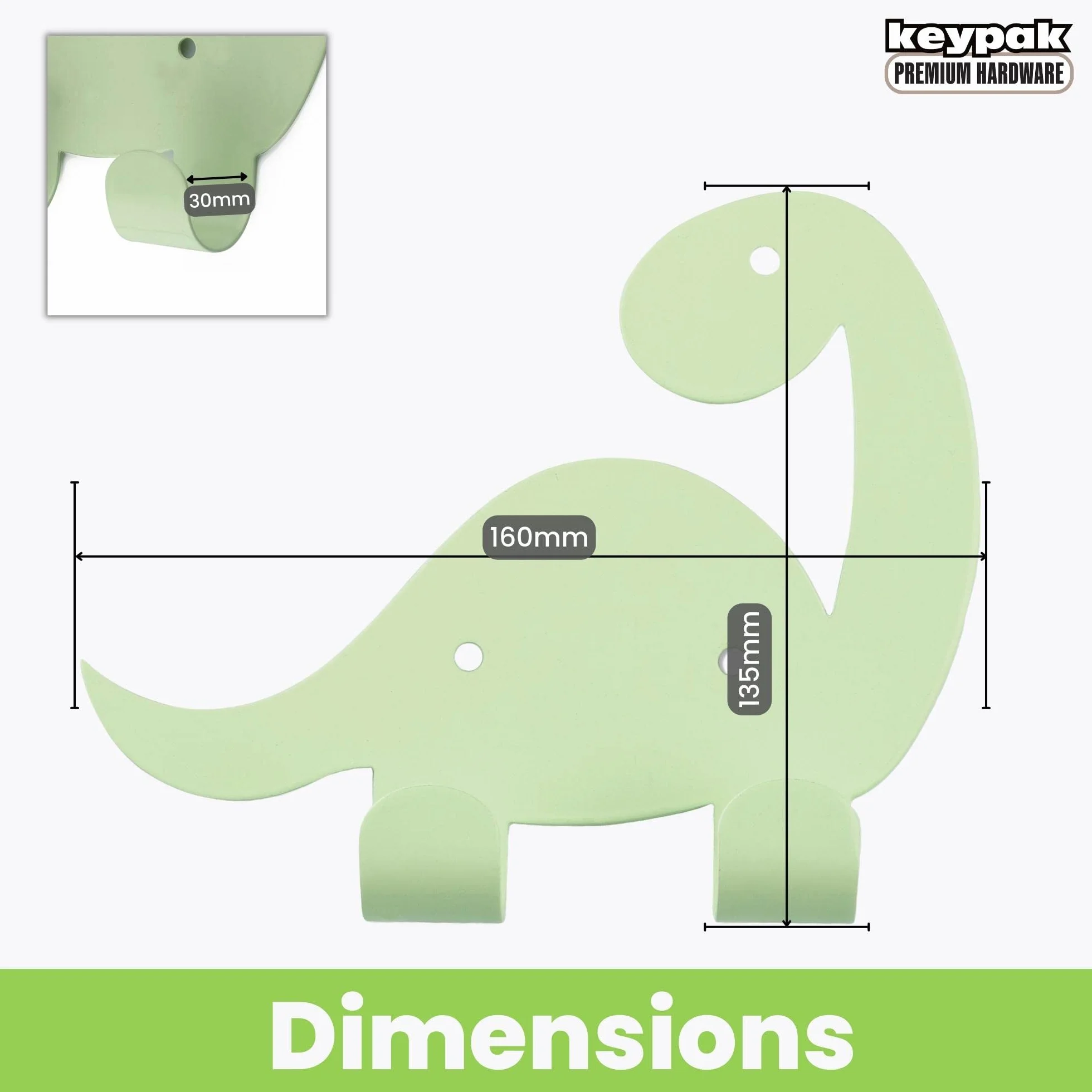 Keypak Ganci doppi a forma di dinosauro, metallo decorativi per porta e parete, camera da letto, fissaggi inclusi (verde)