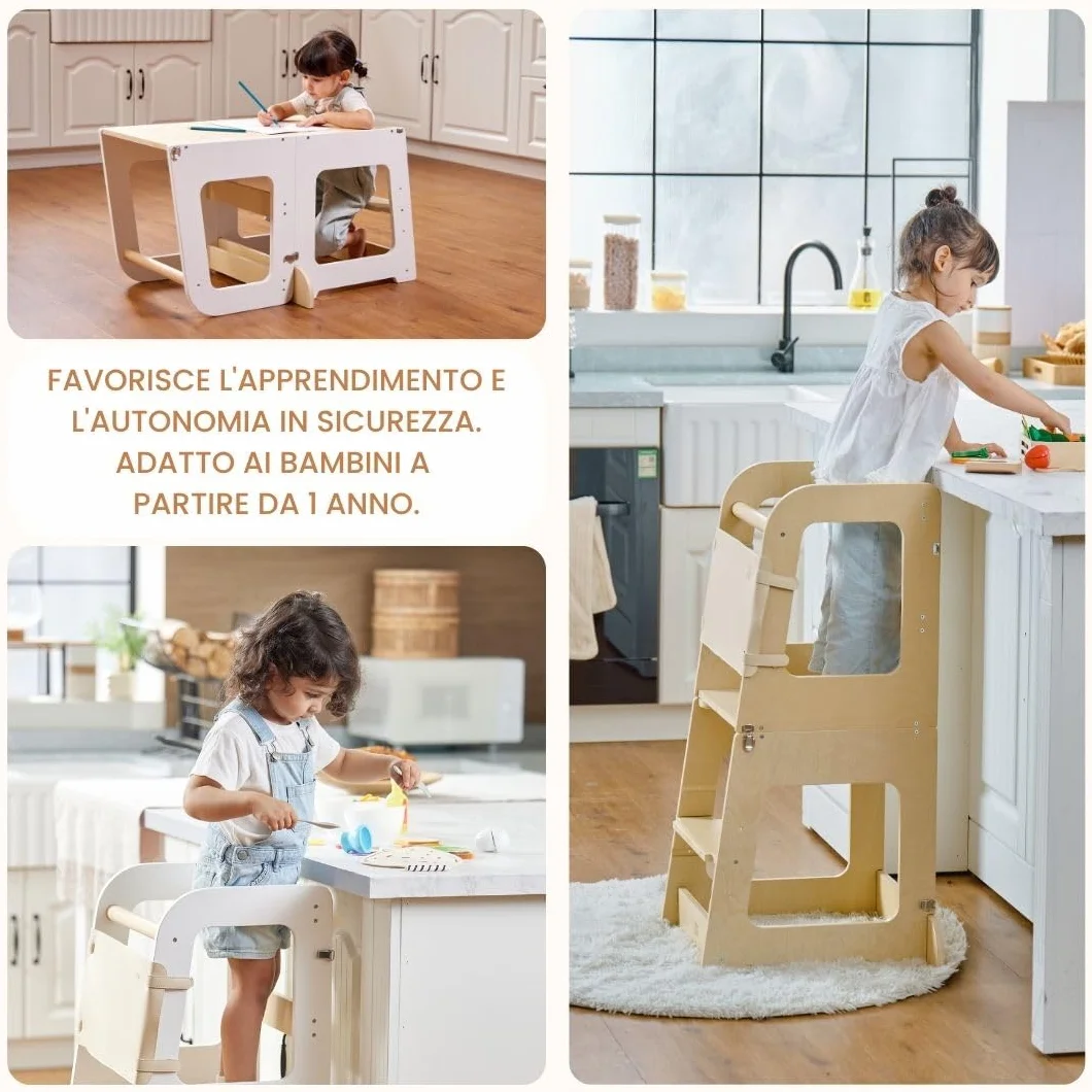 Torre Montessori per Bambini 2-in-1 Torretta Apprendimento in Legno Naturale Convertibile in Scrivania Sgabello Sicura Evolutiva 12M+ Teedum