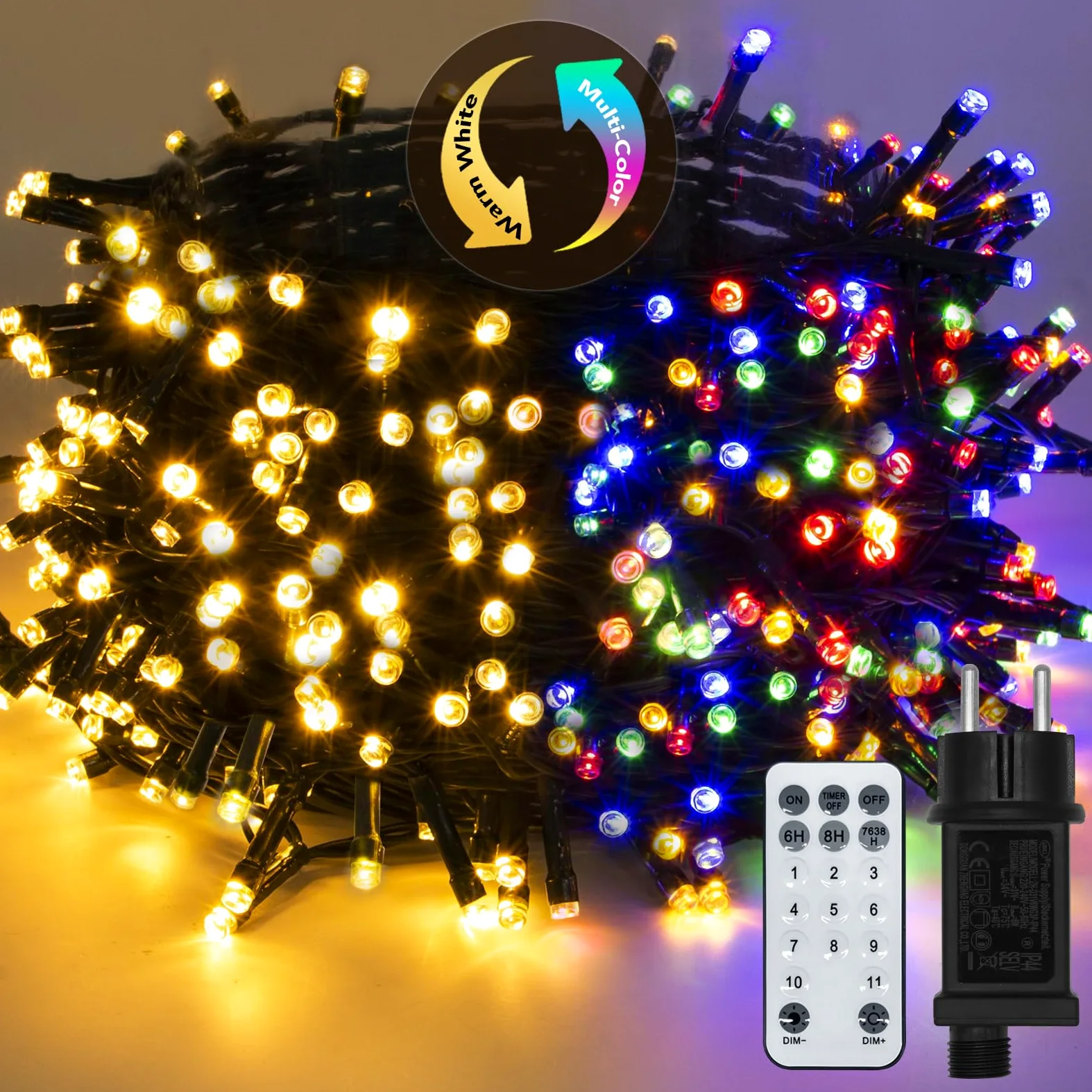 Luci Albero di Natale Colorato e Bianco Caldo 30M 300LED con Telecomando RF,Luci Natale 11 Modalità & 4 Luminosità, Timer e Memoria Luci Esterne Natalizie per Albero Balcone Giardino